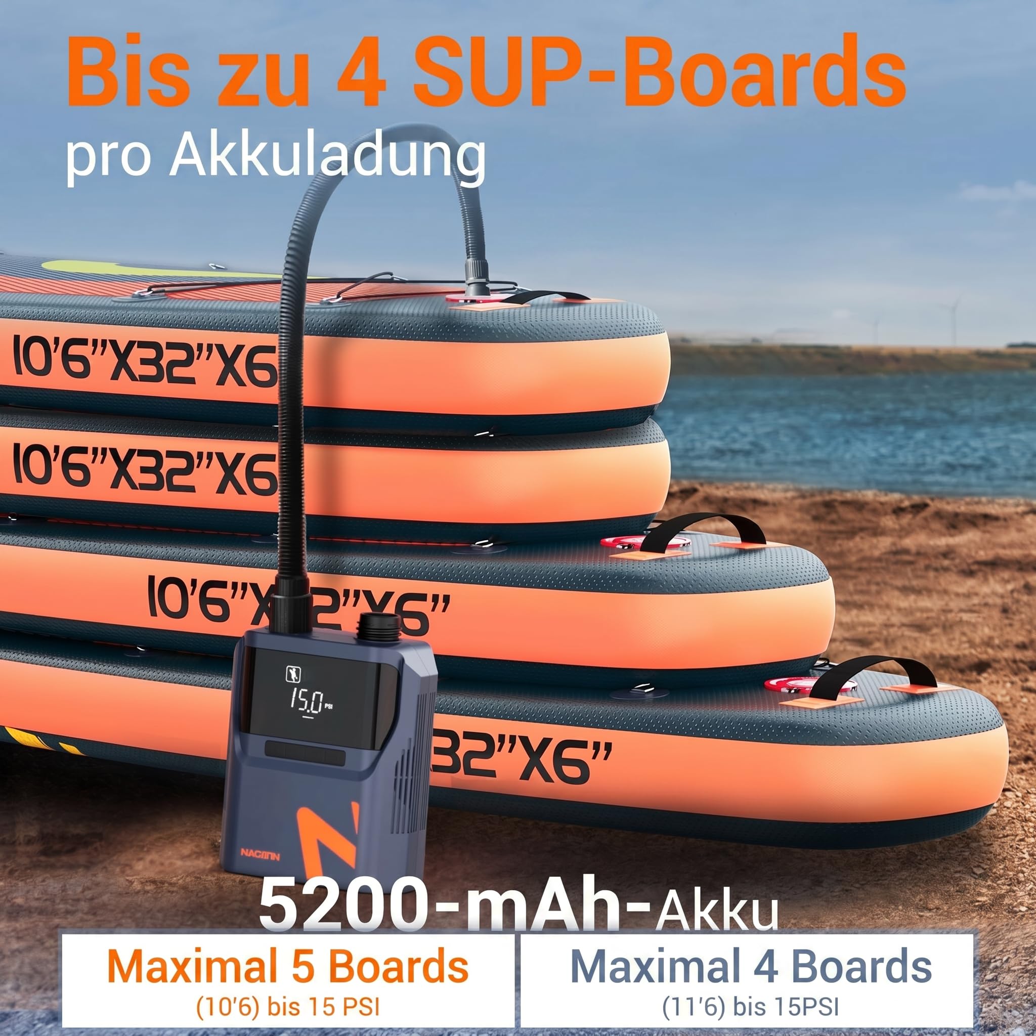 NACATIN 50PSI Elektrische SUP Pumpe, Wiederaufladbare Paddle Board Pumpe mit 5200mAh Akku & 12V Autoanschluss, Zweistufige Schnellinflation & Auto-Off, 6 Düsen für Schlauchboote, Autoreifen