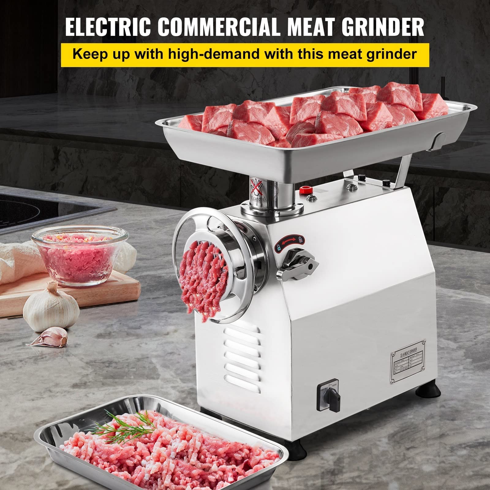 Picadora de Carne Comercial de 770 LB/h, eléctrica, de Acero Inoxidable, con 2 Cabezales de molienda y 2 Cuchillas para Restaurante.,