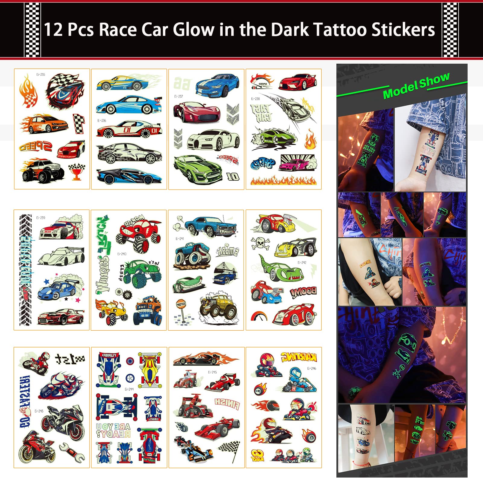 Lot De 86 Accessoires De Fête D'anniversaire Motif Voiture De Course Avec Bracelets Slap De Voiture De Course, Porte-clés Voitures De Course, Autocollants De Tatouage Phosphorescents, Autocollants De