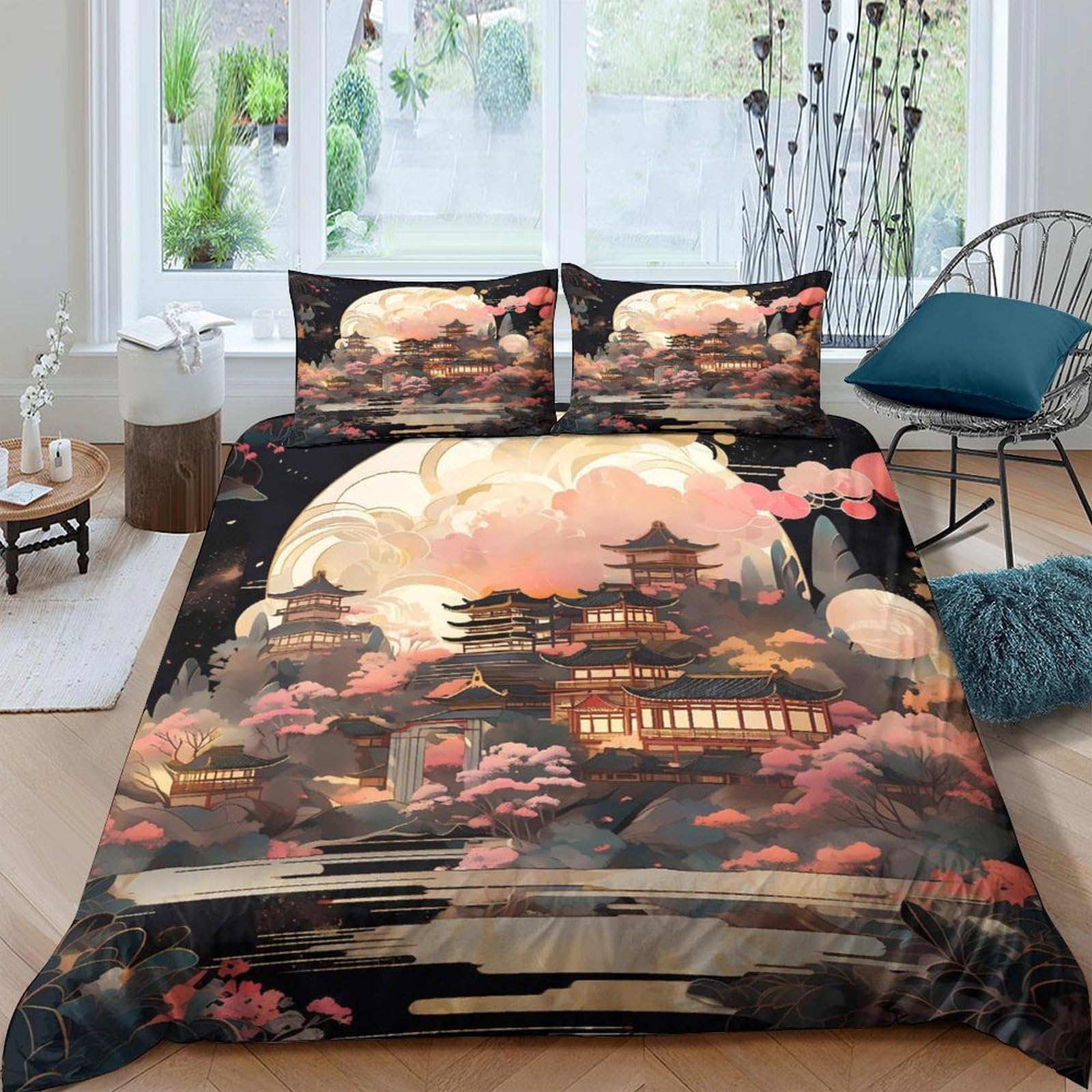 Ctjqhvkz Style-5 3D Printed Japanese Night Pagoda Fitted Sheet Microfiber Soft Cherry Blossom Bed Cover Bedroom Home Decor Single（135X200cm）