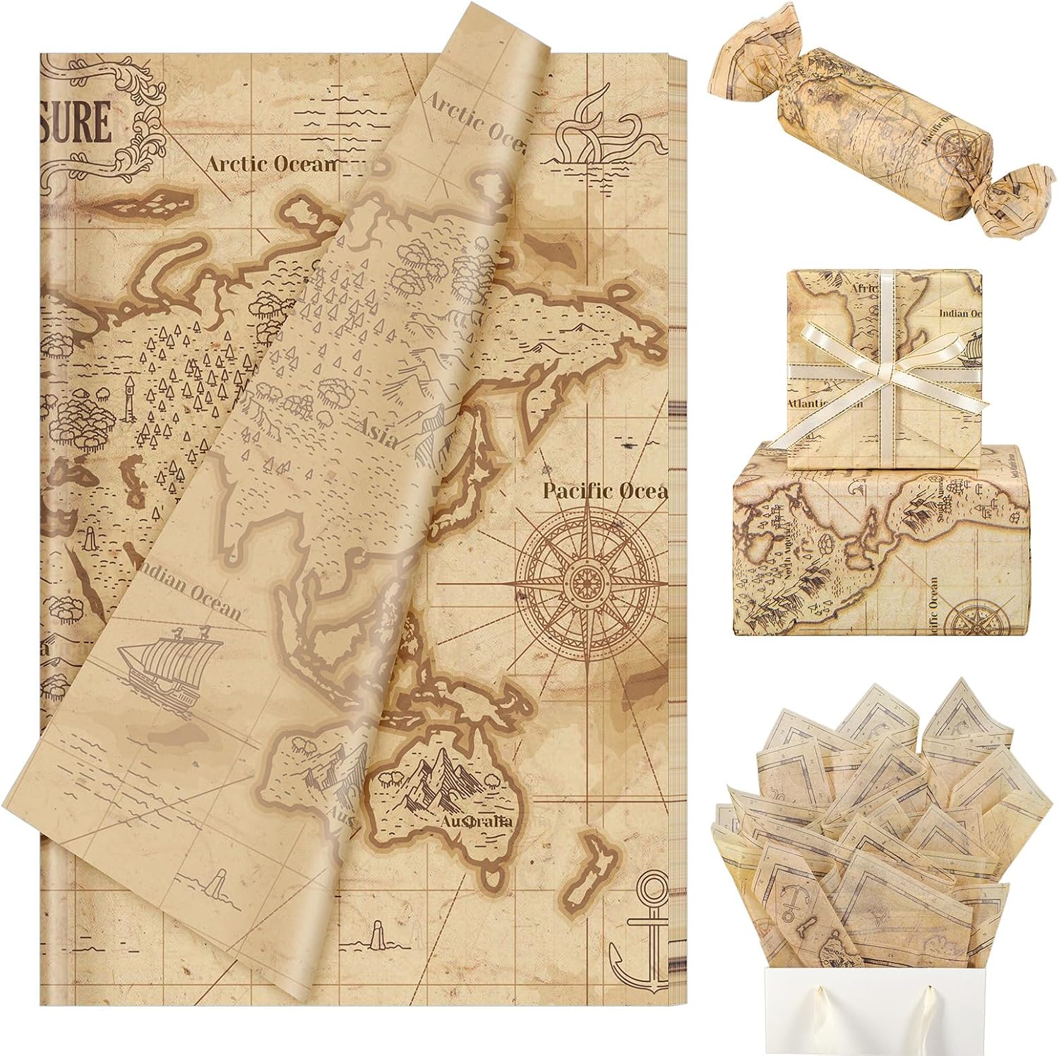 AnyDesign 60 Sheets Vintage World Map Tissue Paper Retro Brown Travel Explore The World Gift Wrapping Paper for DIY Crafts Holiday Party Supplies, 13.8 x 19.7 Inch