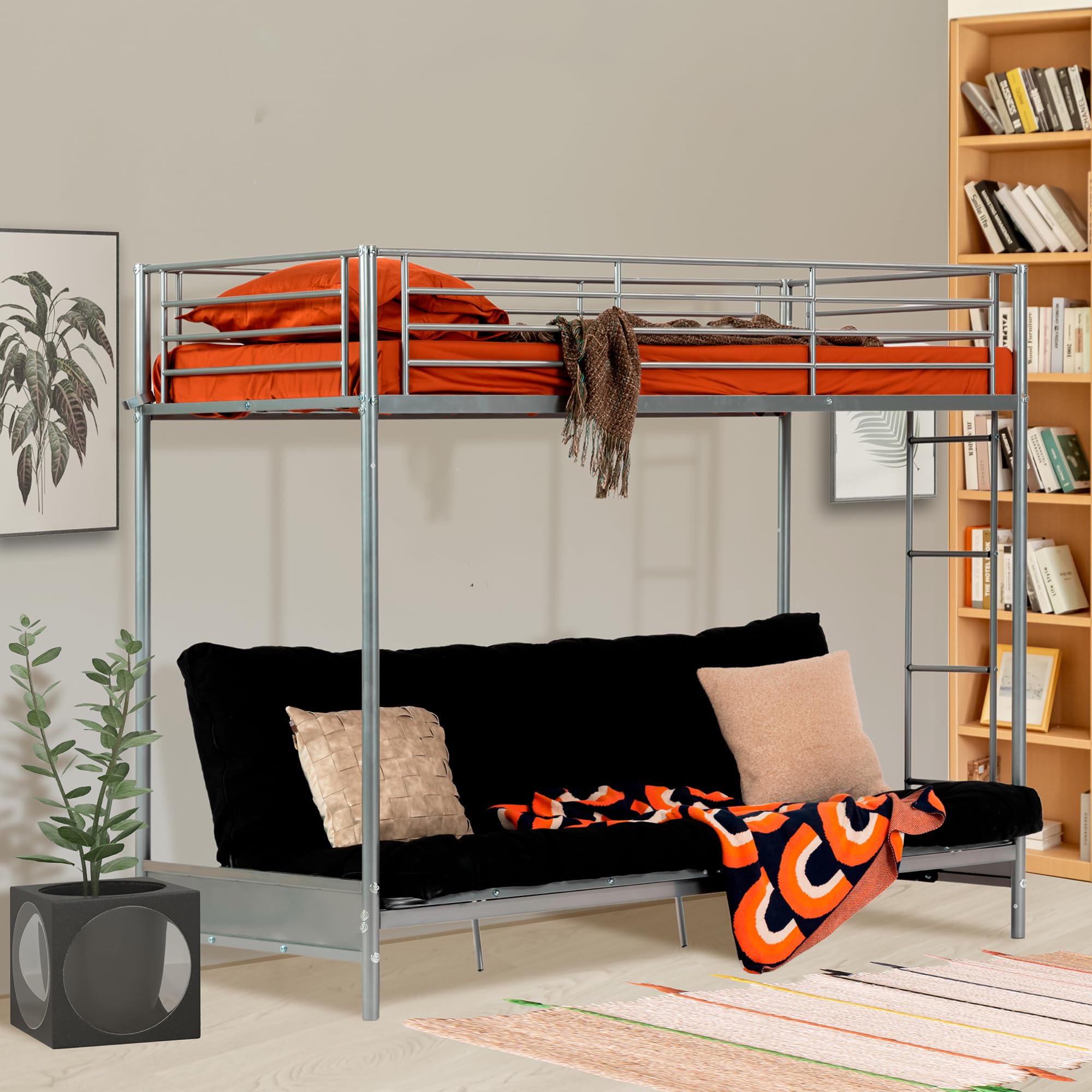 Meuble Cosy Lit superposé 90x190cm avec Banquette Convertible Canapé et Sommier à Lattes en métal, Style Industriel, pour Enfant Chambre à Coucher Maison, Gris