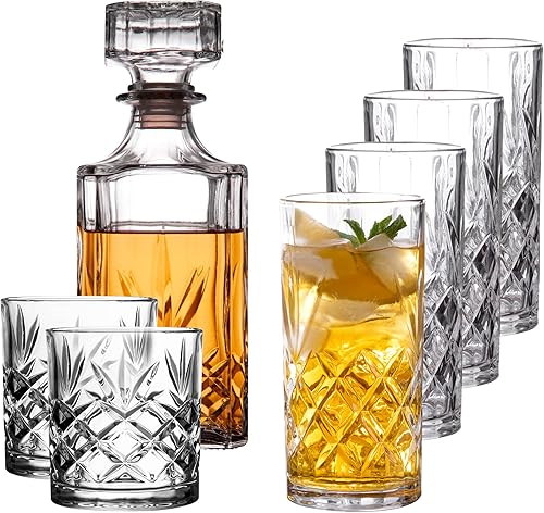 Royalty Art Kinsley - Juego de 8 vasos altos de whisky con decantador de 5 piezas, cristalería de diseño texturizado para agua potable, cerveza o disponible en Yaxa Colombia
