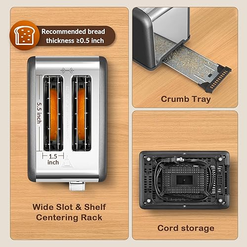 Miniatura 4 de Mecity Tostadora de pantalla táctil de 2 rebanadas, ranura ancha de 1.5 pulgadas, tostadora inteligente de acero inoxidable para bagels, magdalenas