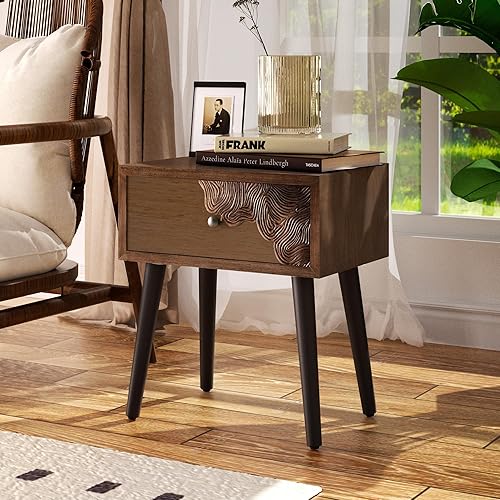 Miniatura 16 de COSIEST Mesita de noche, mesa auxiliar rústica con 3 cajones, mesita de noche de madera vintage con patas sólidas, mesa auxiliar moderna para Patrón