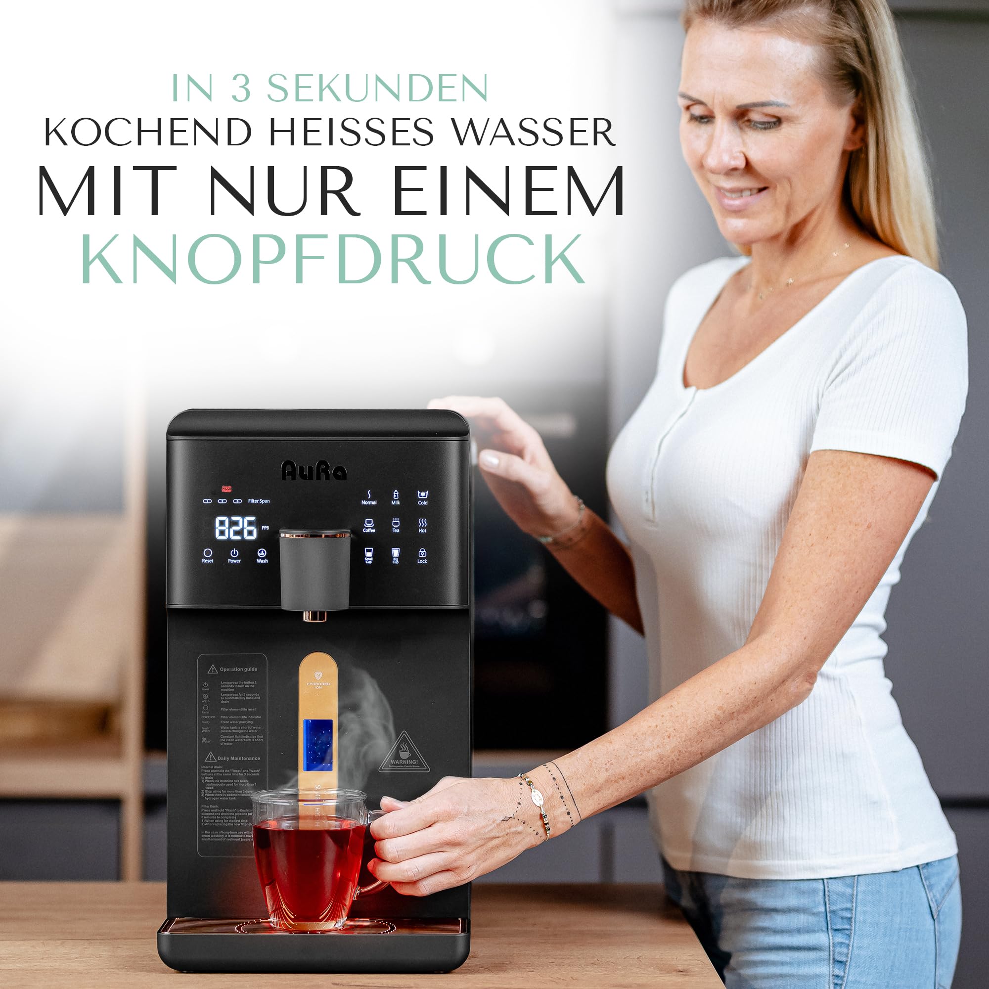 AuRa Osmoseanlage Trinkwasser [Ohne Tank] - Platzsparender Wasserfilter für reines Wasser, Heißwasserspender, Wasserstoff-Wasser Spender, Umkehrosmoseanlage, Osmose-Wasserspender für Zuhause