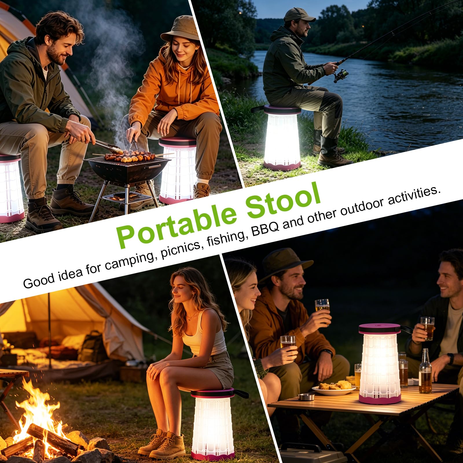Tabouret de camping télescopique à LED, léger, pliable et portable avec lumière intégrée, pour camping, pêche, barbecue, randonnée et festivals de musique, aspect noir (aspect violet, lumière blanche)