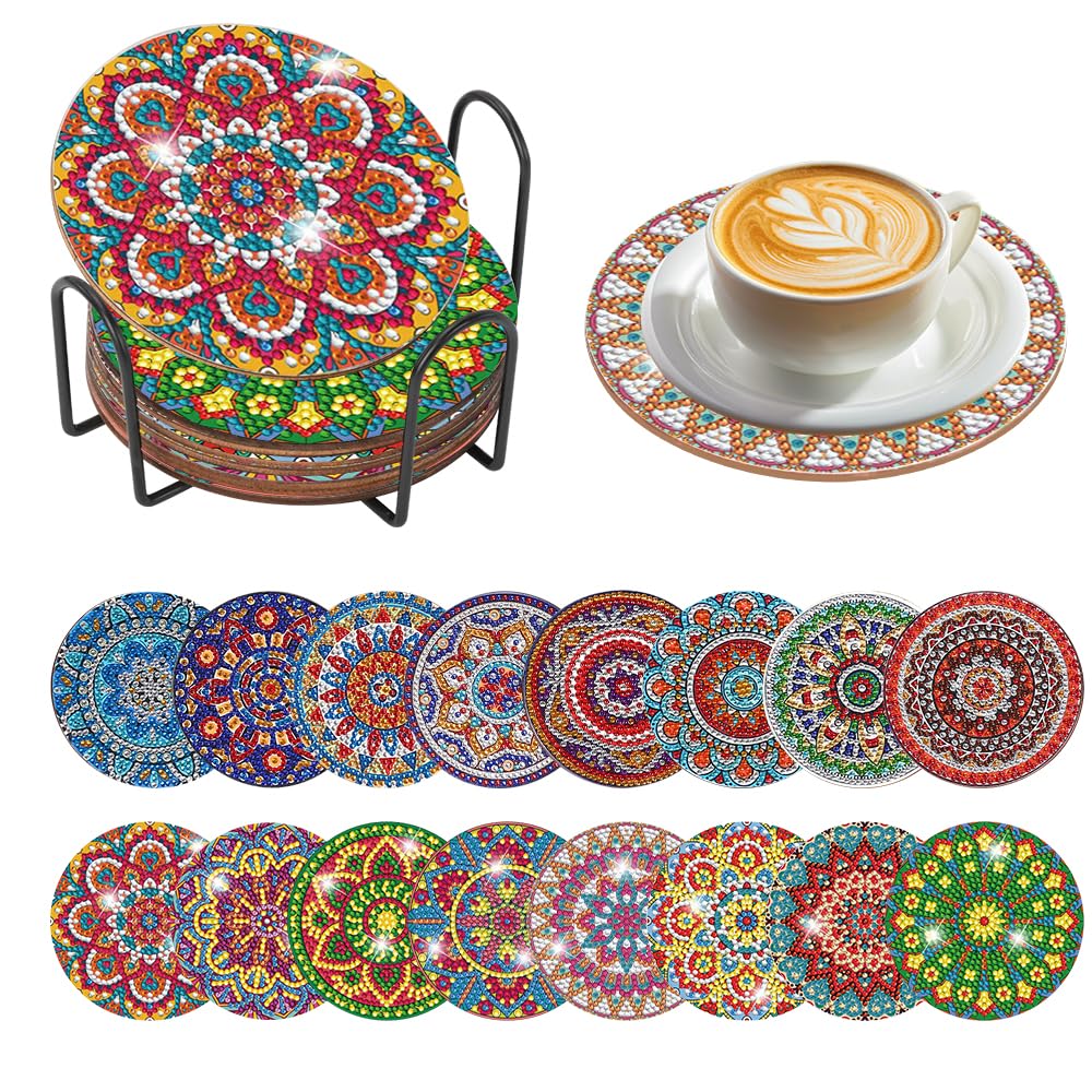Mulaibdin 16 Pcs Diamond Art Coasters, Diamond Painting Coasters with Holder, DIY Diamond Art Kits Adults Coasters, Mandala Coasters Set for Beginners,Housewarming Gifts, Home Decor Accessories