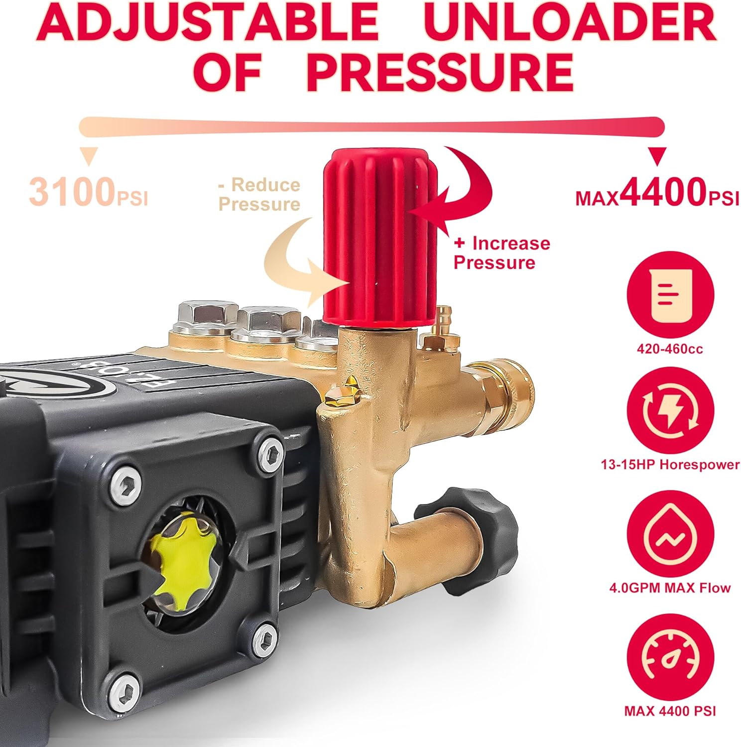 Horizontal Triplex Pressure Washer Pump1 Shaft Max 4400 PSI 4.0 GPM, Triplex Plunger Pressure Washer Pump 3100-4400 PSI Power Washer Pumps Replacement Kit, Parts Washer Pump