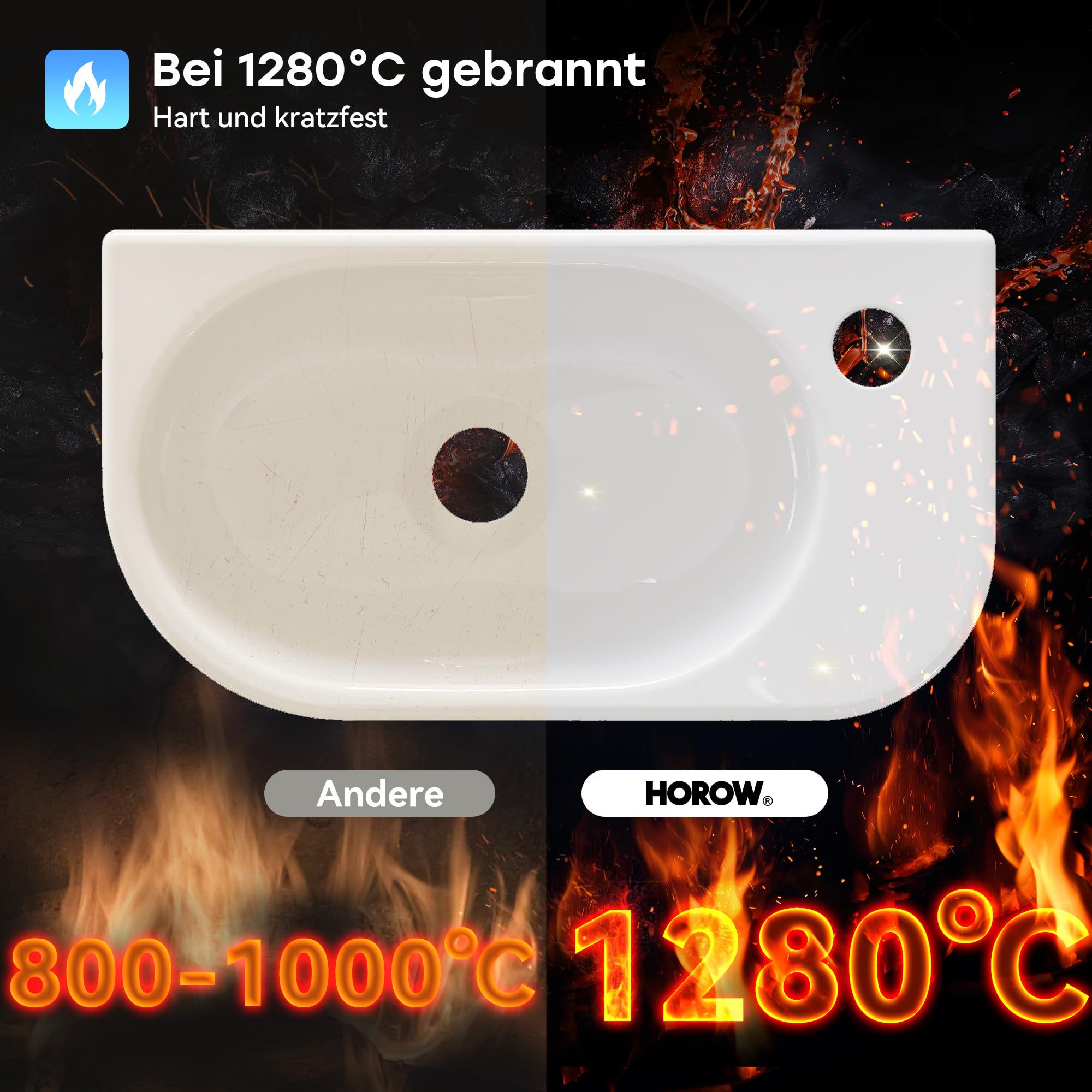 HOROW Lavabo d'angle ovale - Montage mural - Salle de bain - WC | Petit lavabo à main 40 cm blanc en céramique avec trou de robinet à droite, sans trop-plein