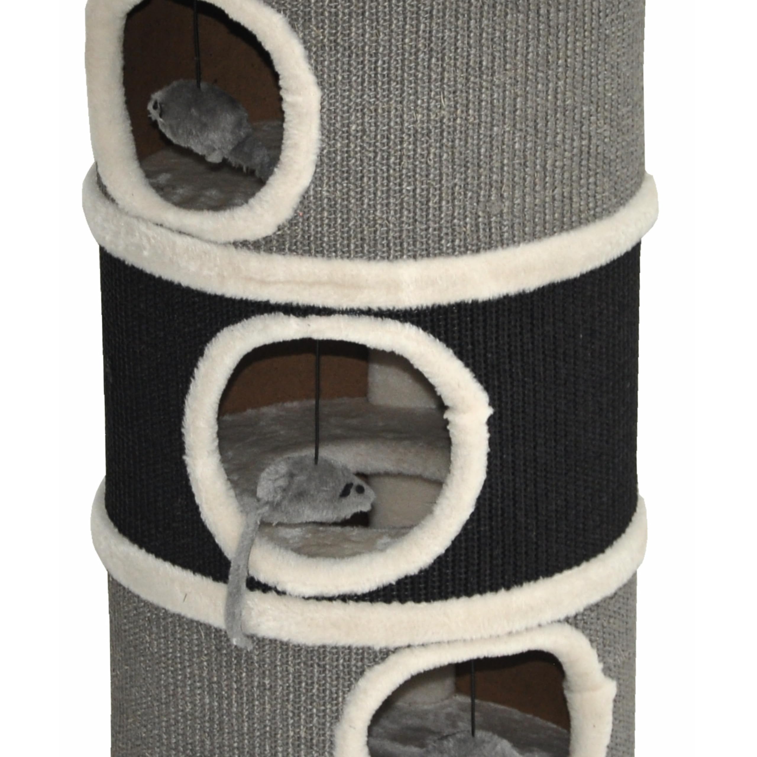 nanook Bella Tonneau à chat en sisal, hauteur 80 cm, diamètre : 35 cm, arbre à chat avec 3 niches, arbre à chat, tour à chat en sisal, meuble pour chat, gris/noir