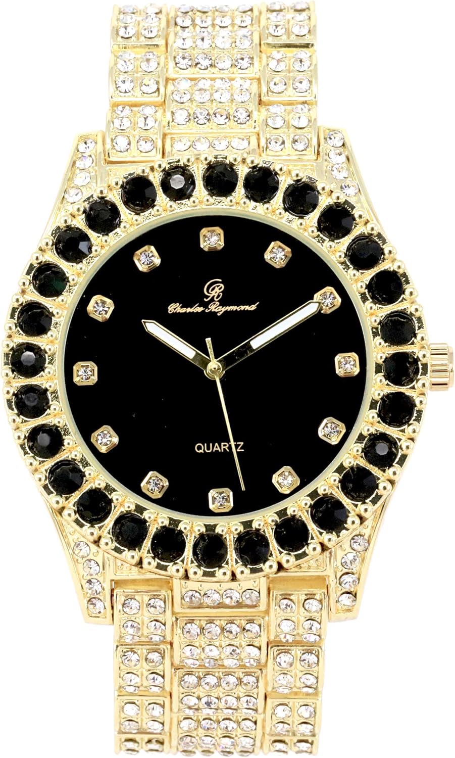Charles Raymond Bling-ed Out Round Metal Mens Color on Blast Silver Tone Watch with Diamond Time Indicators - Ice on Fire - ST10327DxxS (Color Black Panther Gold)