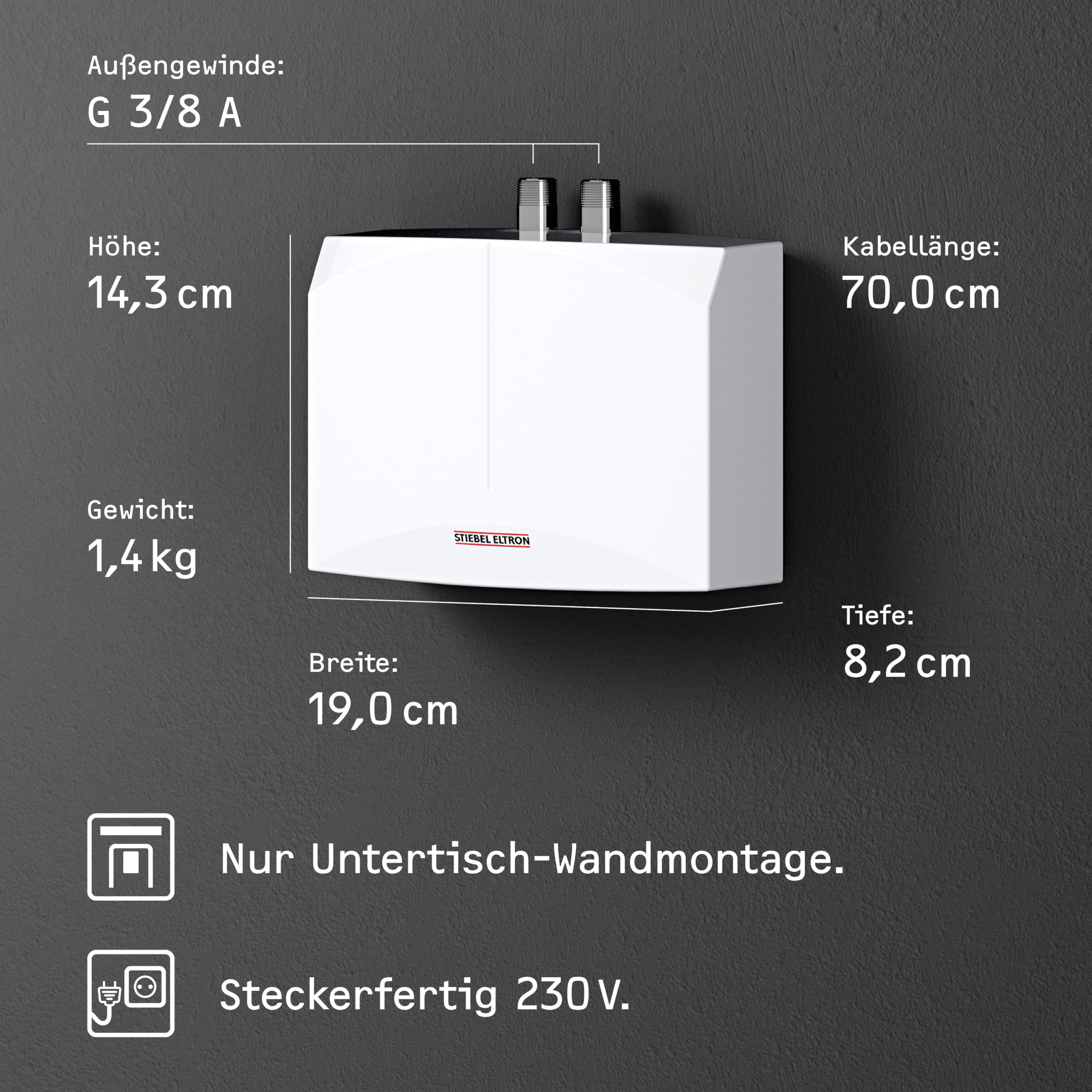 STIEBEL ELTRON hydraulischer Mini-Durchlauferhitzer DHM 3 nur fürs Handwaschbecken, 3,5 kW, mit Stecker, druckfest + drucklos, VDE geprüft, 220813