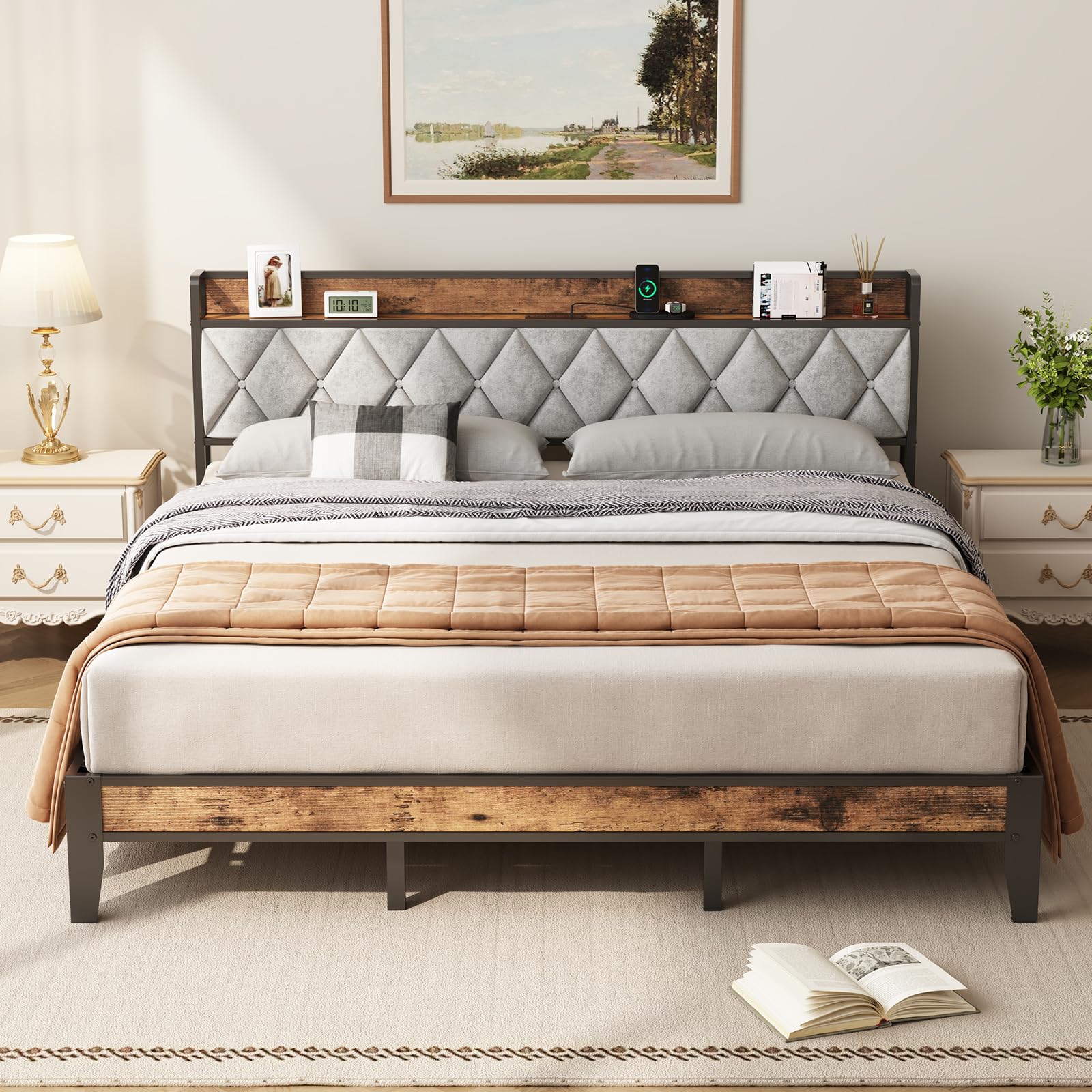 NEWBULIG King Bed Frame with Headboard, Platform Storage Bed with USB Charging Station, No Tool Assembly, Squeak-Free Strong Metal Frame, No Box Spring Needed