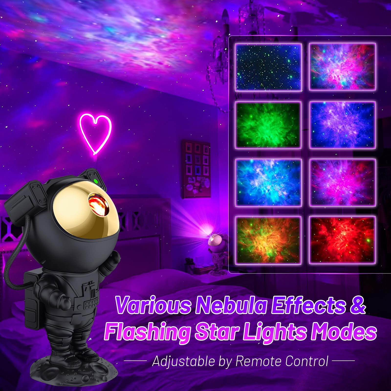 Astronauta Cielo Stellato Galassia Proiettore, Proiettore Stellare Astronauta con timer e telecomando,Testa Ruotabile a 360°,Luminosità e Velocità Regolabili, Regalo per Bambini e Adulti,Oro nero