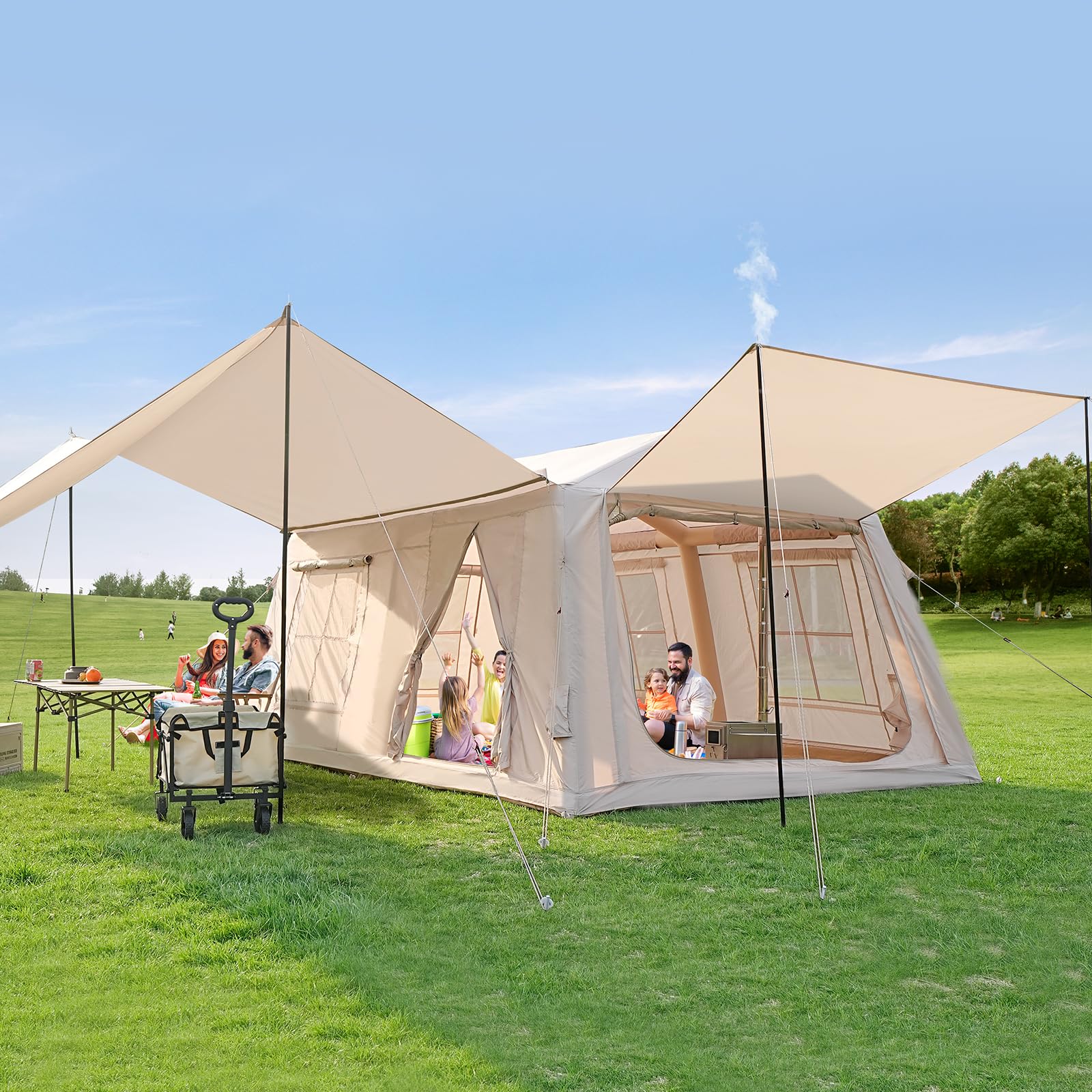 MOPHOTO Aufblasbares Zelt Camping, Wasserdicht Oxford, Pumpe, 4-12 Personen | UPF 50+ Beschichtung,Aufbau in 5 Minuten, 5/6 große Netzfenster, integrierte Ofenrohröffnung