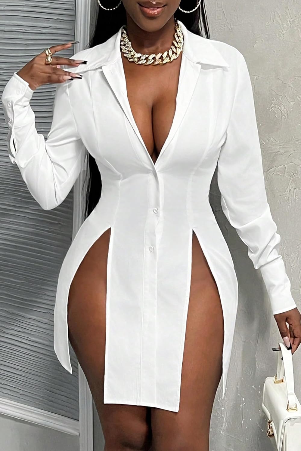 Womens Shirt Dress Button Down Long Sleeve Collar V Neck Sexy Slit Casual Loose Blouses Tops Mini Dresses for Women - Image 4