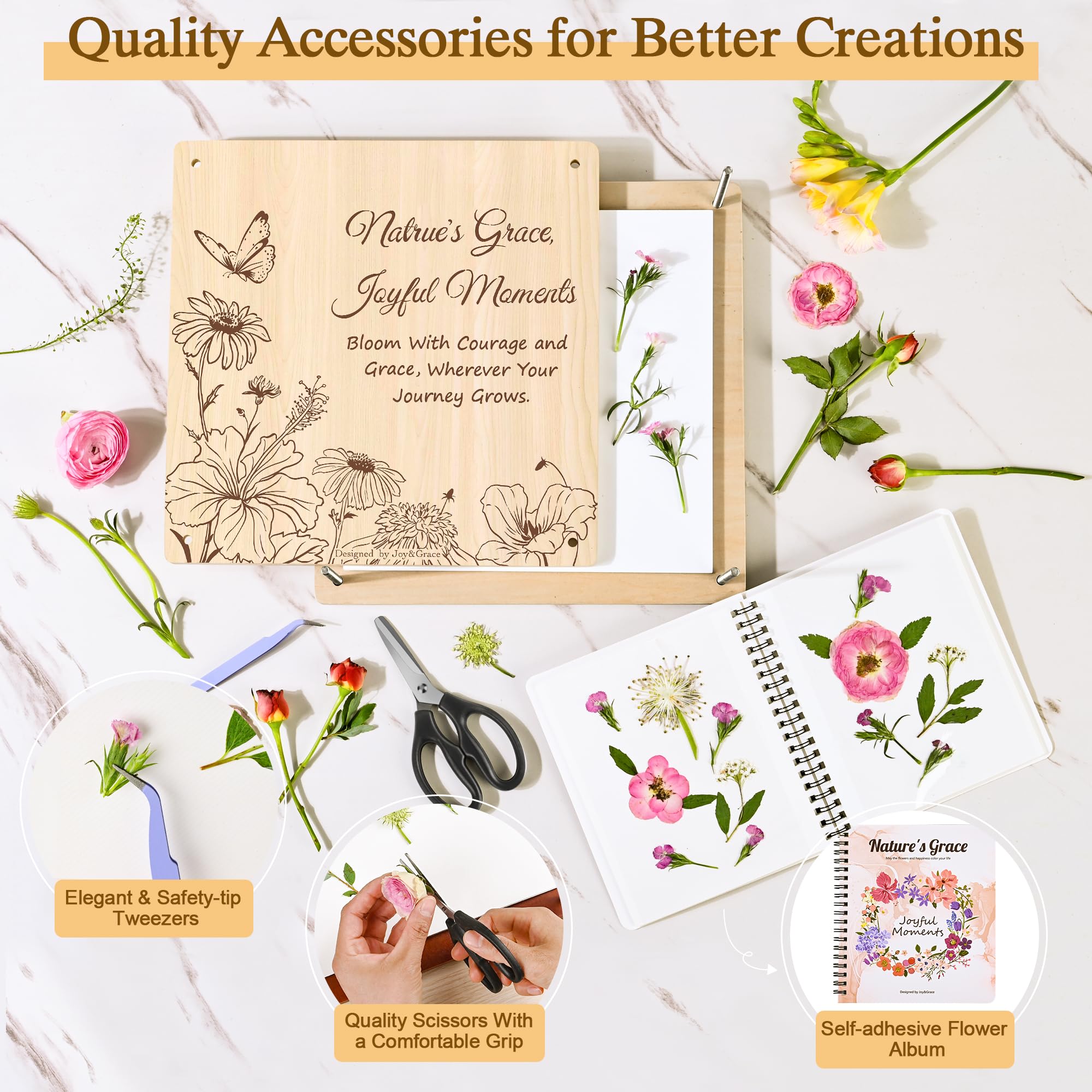 Joy&Grace Großes Blumenpresse Set 27,7 x 27,7 cm für Erwachsene, 10-lagige Pflanzenpresse mit Cover, DIY Blumenpressen Album & Trocken-Toolkit zur Blumenaufbewahrung (Geschenkbox, Naturholz)