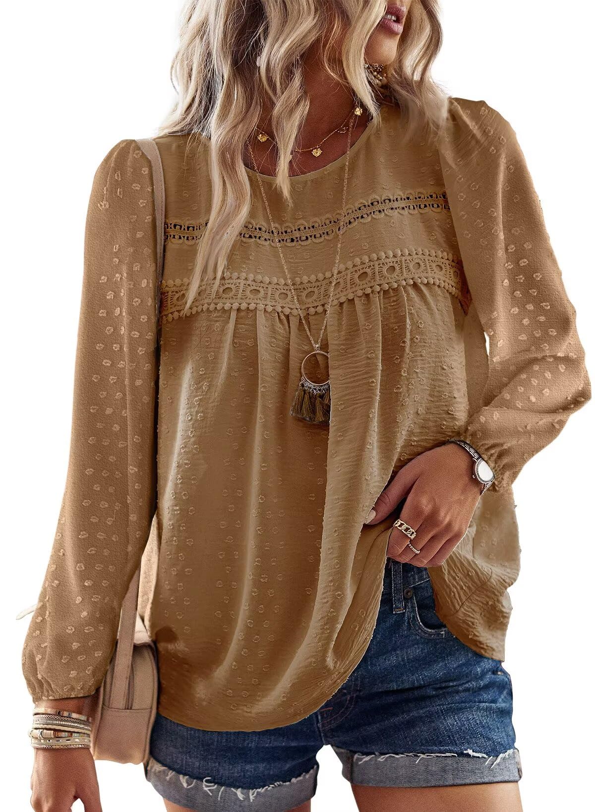 TUUHAW Langarmshirt Damen Boho Top Oberteile Fließend Elegant Frühling Herbst Tunika Rundhals T Shirt Süß Lässig Outfits Spitze Winter Kleidung