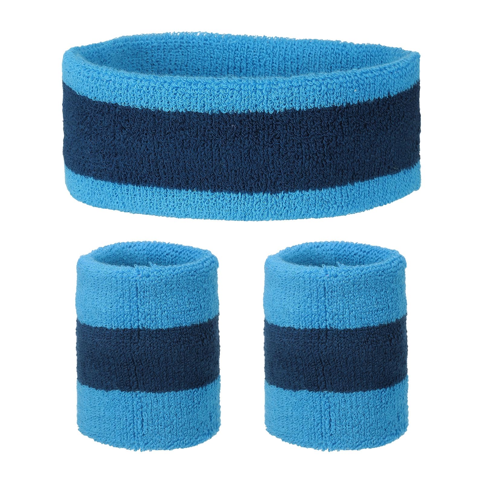 sourcing map Sweat Band Set Sports Terry Cloth Headband Wristband Set 7"x2" Moisture Wicking Sweat Absorbing Head Band for Women Men Workout Exercise Basketball(Light Blue/Dark Blue) โ image 1