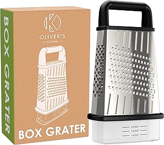 Râpe à Fromage Oliver’s Kitchen – Acier Inoxydable, 4 Côtés, Polyvalente et Antidérapante – Très Aiguisée, Râpe et Tranche Facilement les Légumes et le Fromage – Conteneur Pratique pour Aliments