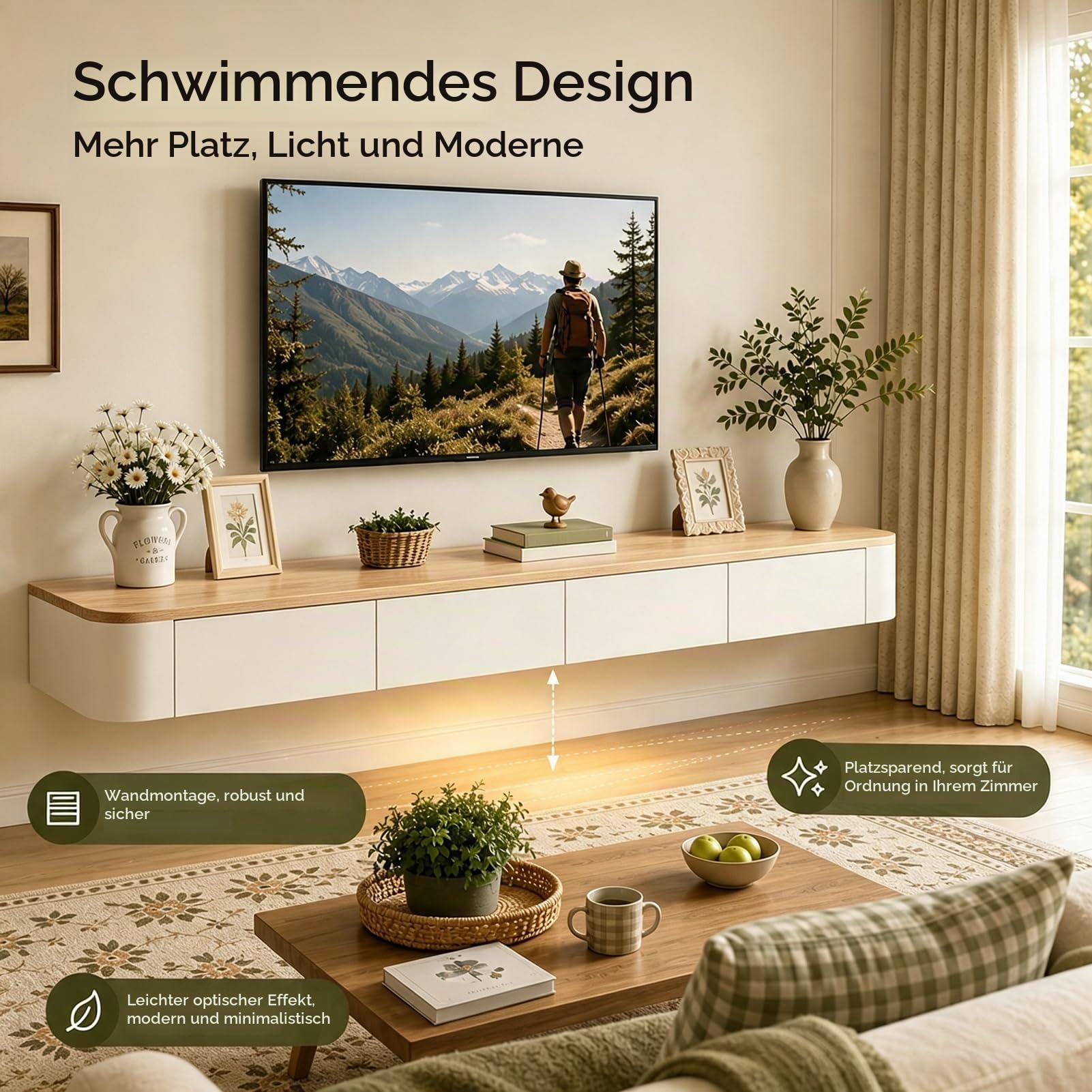 Schwebende TV Schrank 180cm Beige, Modern TV Lowboard Hängend, TV Board Hängend mit 2 Schubladen 1 Klappen Türen & Kabelmanagement, für Wohnzimmer und Esszimmer