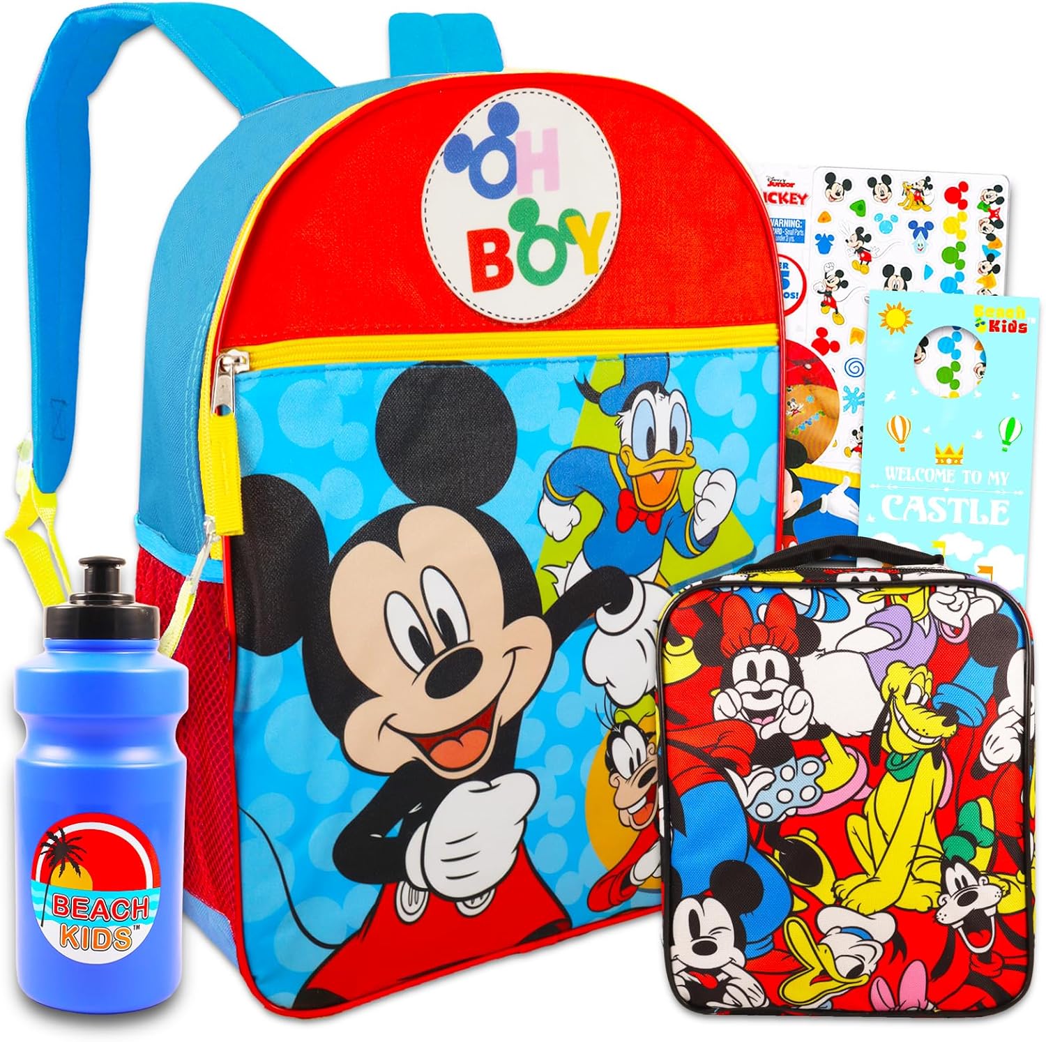 Disney Mickey Mouse Backpack and Lunch Box Set For Kids - Bundle with Colorful Mickey Backpack, Colorful Lunch Bag, Tattoos, & More | School Bag For Boys