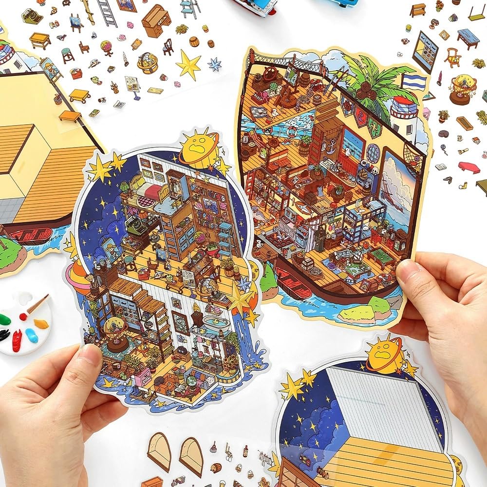 4 Sets DIY 3D House Stickers with Tweezers,Large 3D DIY Sticker Scenes for Adult Kids Relief Stress Pass The Time,Make Your Own Cute Cartoon Warm Shop Draw Studio Wineshop Church - Image 4