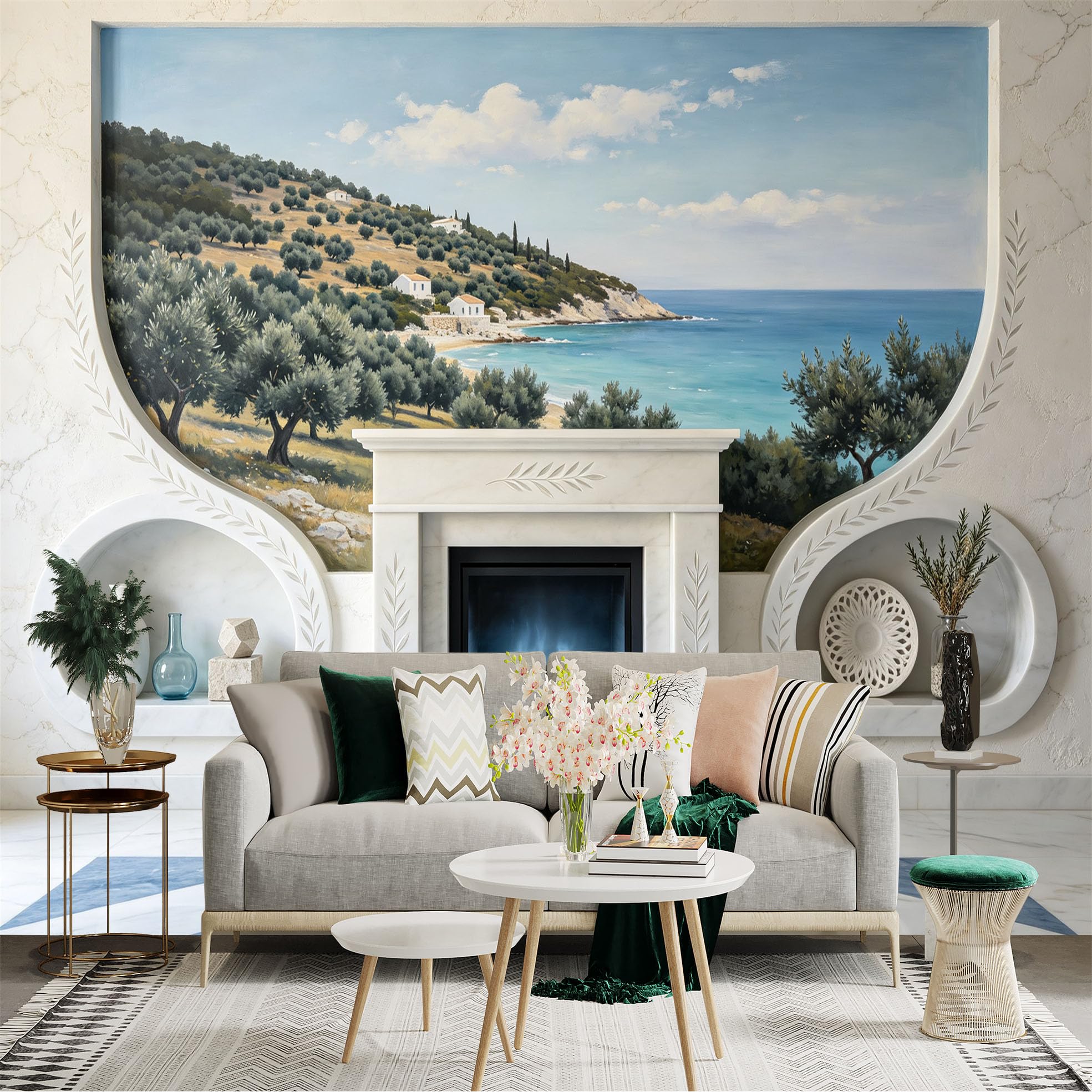 Lnzczhyre Bh260719713 Custom Size Wall Sticker Mural， Mediterranean Coastline With Scenic Hills And Sea View， For Wall Decoration， Peelandstick Wall Decals.