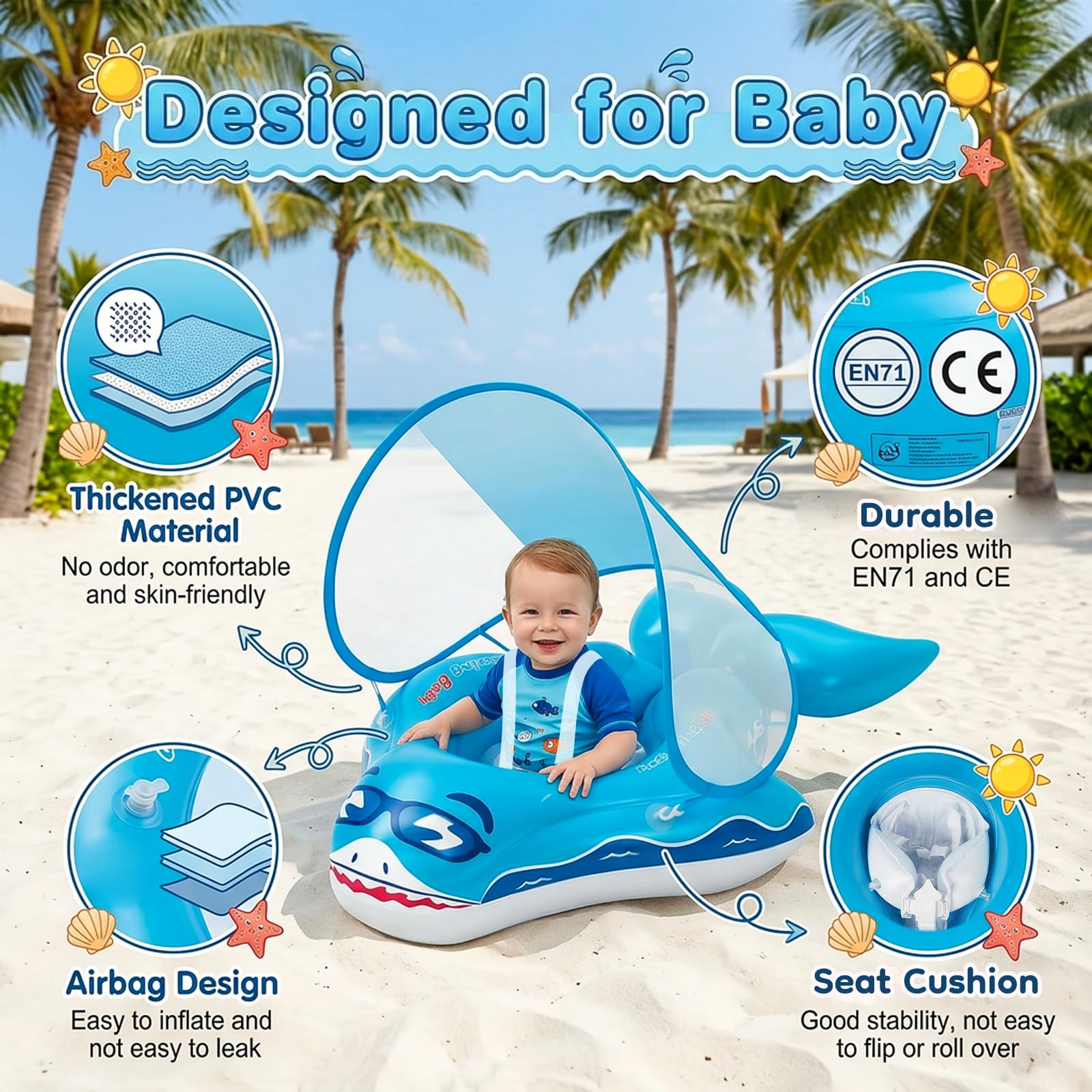 Qoosea Schwimmring Baby von 6 Monate bis 3 Jahre, Aufblasbar Schwimmreifen Baby mit Abnehmbarem Sonnendach UPF50+, Verstellbarer Schwimmsitz für Jungen und Mädchen Baby Float Mitwachsende Schwimmhilfe