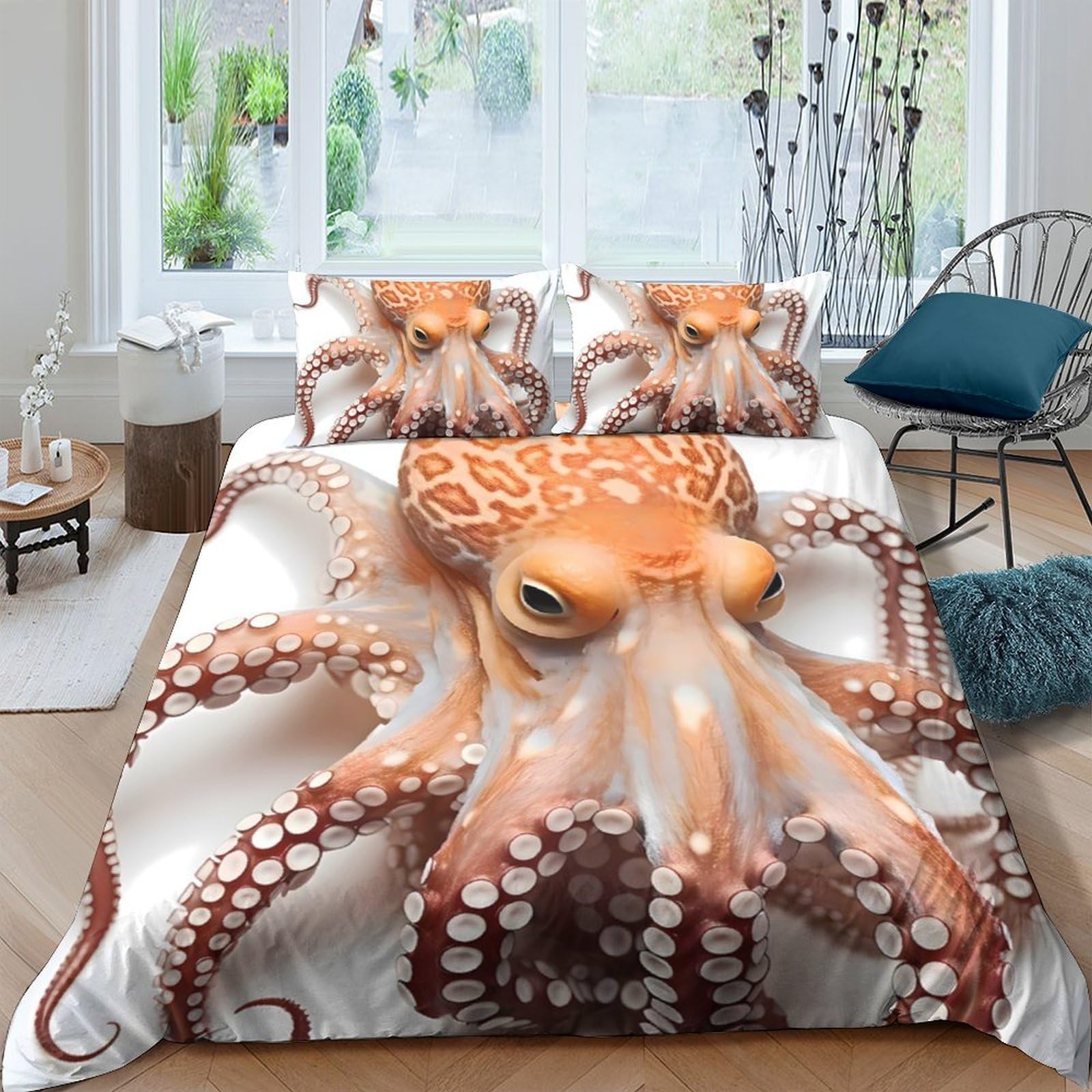 Ctjqhvkz Style-3 3D Printed Octopus Fitted Sheet Microfiber Soft Orange Marine Bed Cover For Bedroom Guest Room Mattress Protection Decor Single（135X200cm）