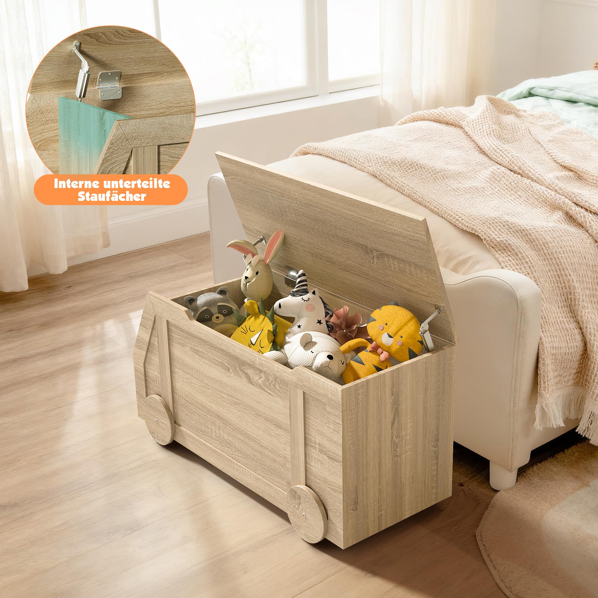 NACHES Sitzbank mit Stauraum, 100 x 40 x 51cm, Kinderzimmer (Natur) | Spielzeugkiste für Kinder, mit Deckel, Spielzeug Aufbewahrungsbox, für Flur, Schlafzimmer, Wohnzimmer