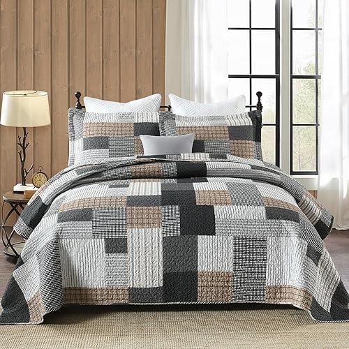 PERHOM Colcha tamaño Queen – Colcha ligera 100% algodón – Gris marrón, negro y blanco, colcha reversible suave tamaño Queen para juego de cama para