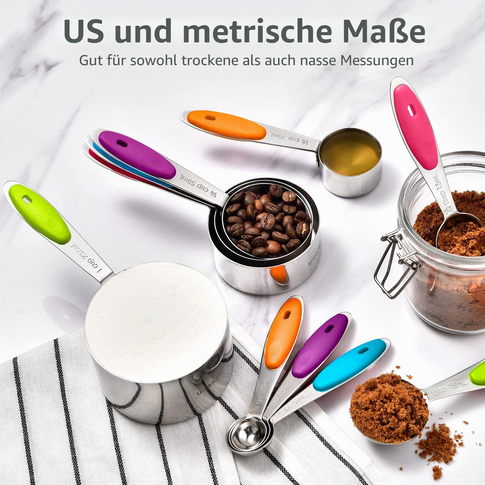 U-Taste 18/8 Edelstahl Messbecher und Messlöffel Set mit 12 Stück, Griff mit Verbesserter Dicke, Amerikanisch(Mehrfarbig)