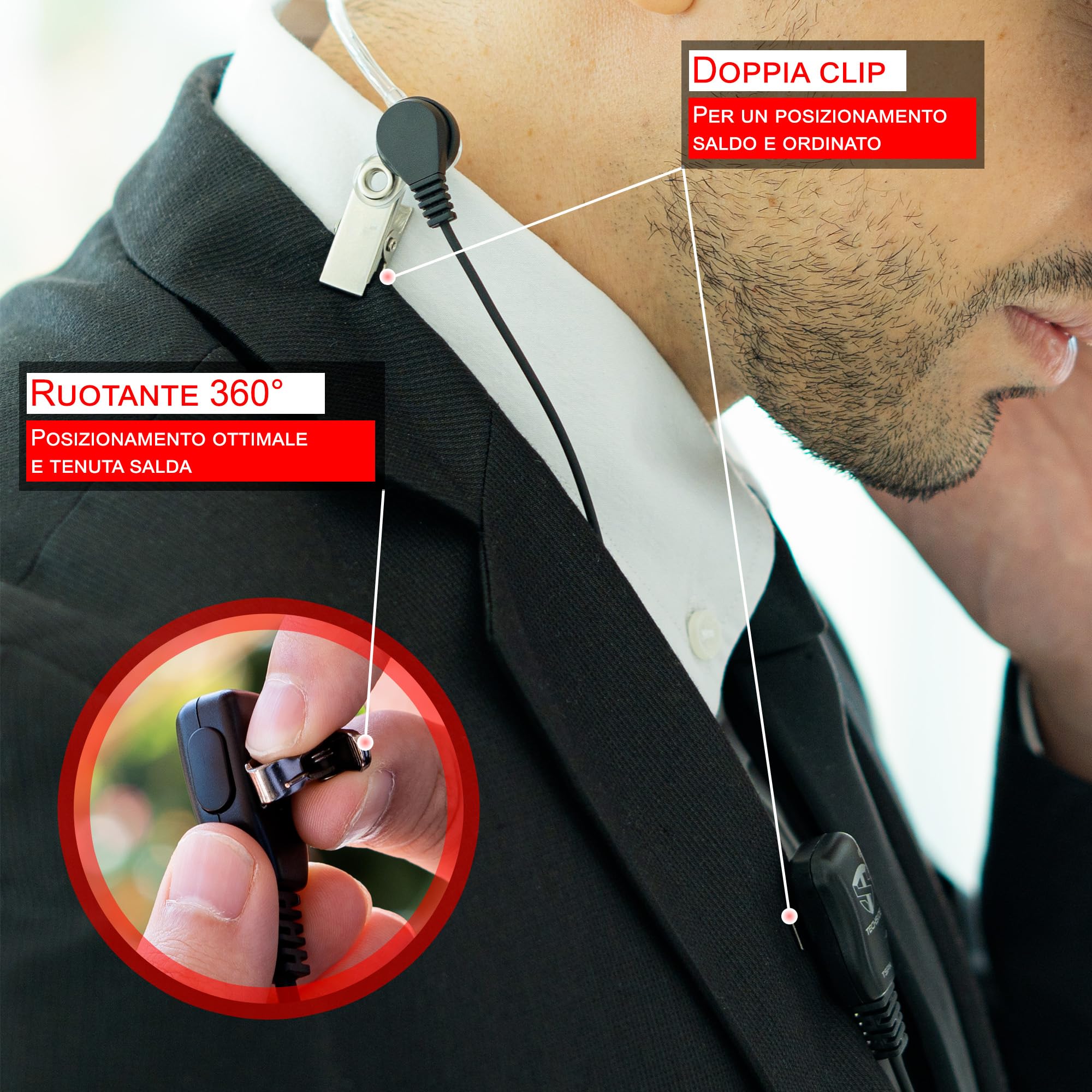 TechSide Microfono Auricolare Pneumatico cavi spiralati Estensibili 200cm walkie talkie Compatibile con Kenwood 2 pin BaoFeng UV-5R UV-82 888S Midland G10 G11V CT890 Vigilanza Sicurezza Caccia (2PZ)