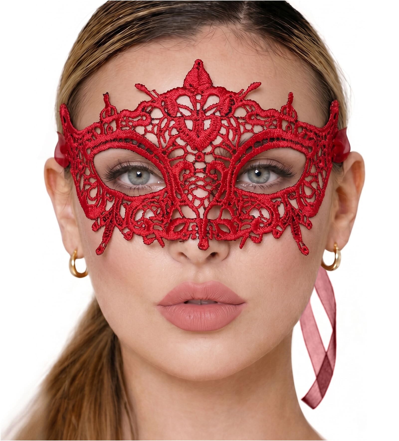 Lace Masquerade Mask for Women - Venetian Party, Prom, Mardi Gras, Halloween, Belle Red, One Size