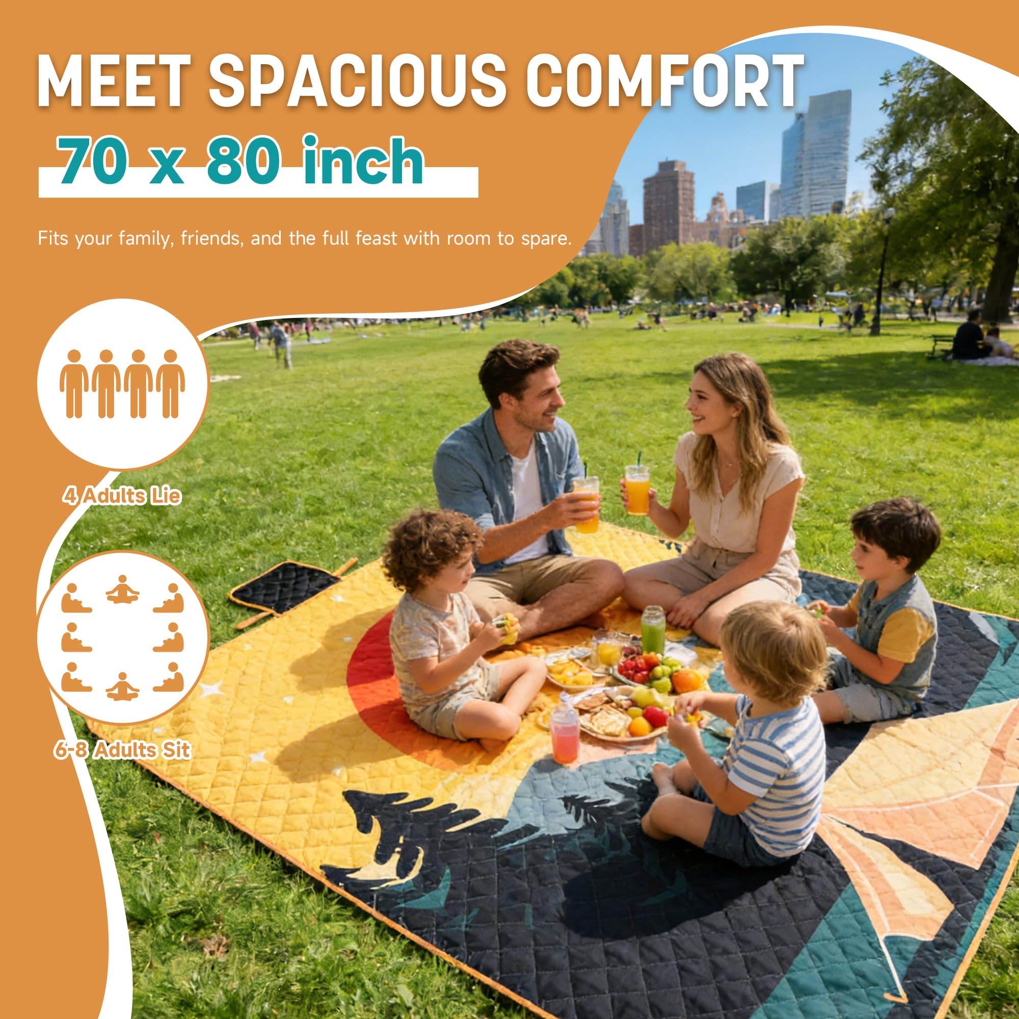 Kato Tirrinia Coperta da picnic extra grande, impermeabile, leggera, portatile, impermeabile, per campeggio, viaggi, picnic in famiglia, all'aperto, 180 x 200 cm, tramonto Grove