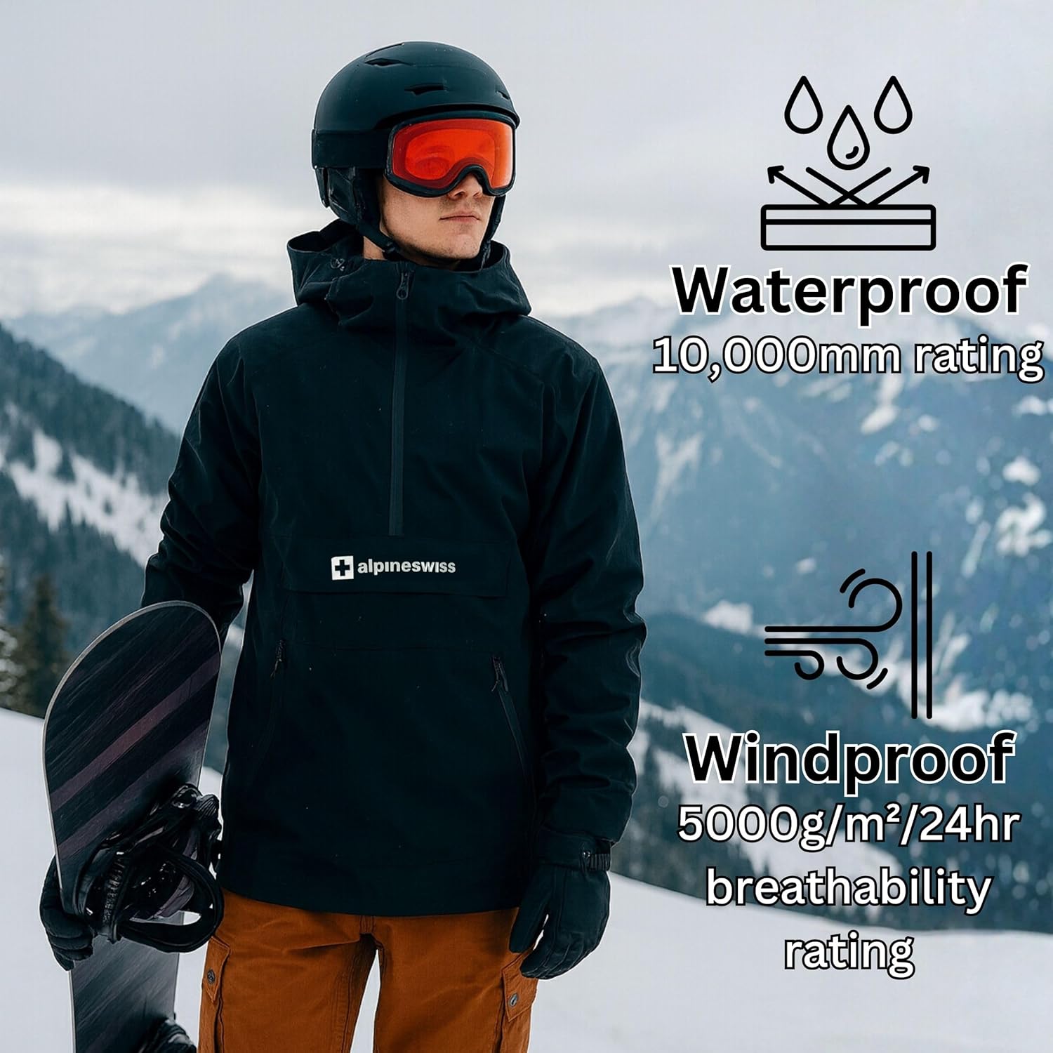 Alpine Swiss Mens Snowboard Jacket 10K Waterproof Hooded Ski Shell Anorak Breathable Windproof Pullover Winter Sport Coat - Image 4