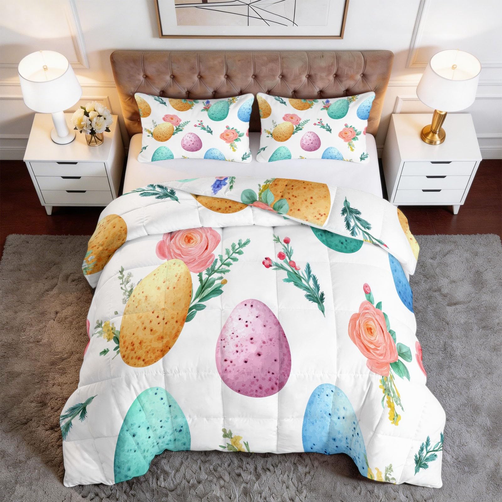 Generisch Florale Ostereier Bettdecke 200 x 220 cm 4 Jahreszeiten Steppdecke, Aquarellmalerei Waschbare Ganzjahresdecke Kinder Bettwaren Set Kinderzimmer Gästezimmer Bettdecke Ohne Bezug