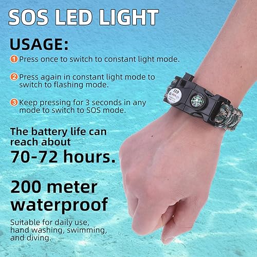 Miniatura 4 de Pulsera de cuerda de paracaídas de supervivencia ajustable, paquete de 2 kits de inicio de fuego de emergencia con silbato fuerte, brújula, luz de
