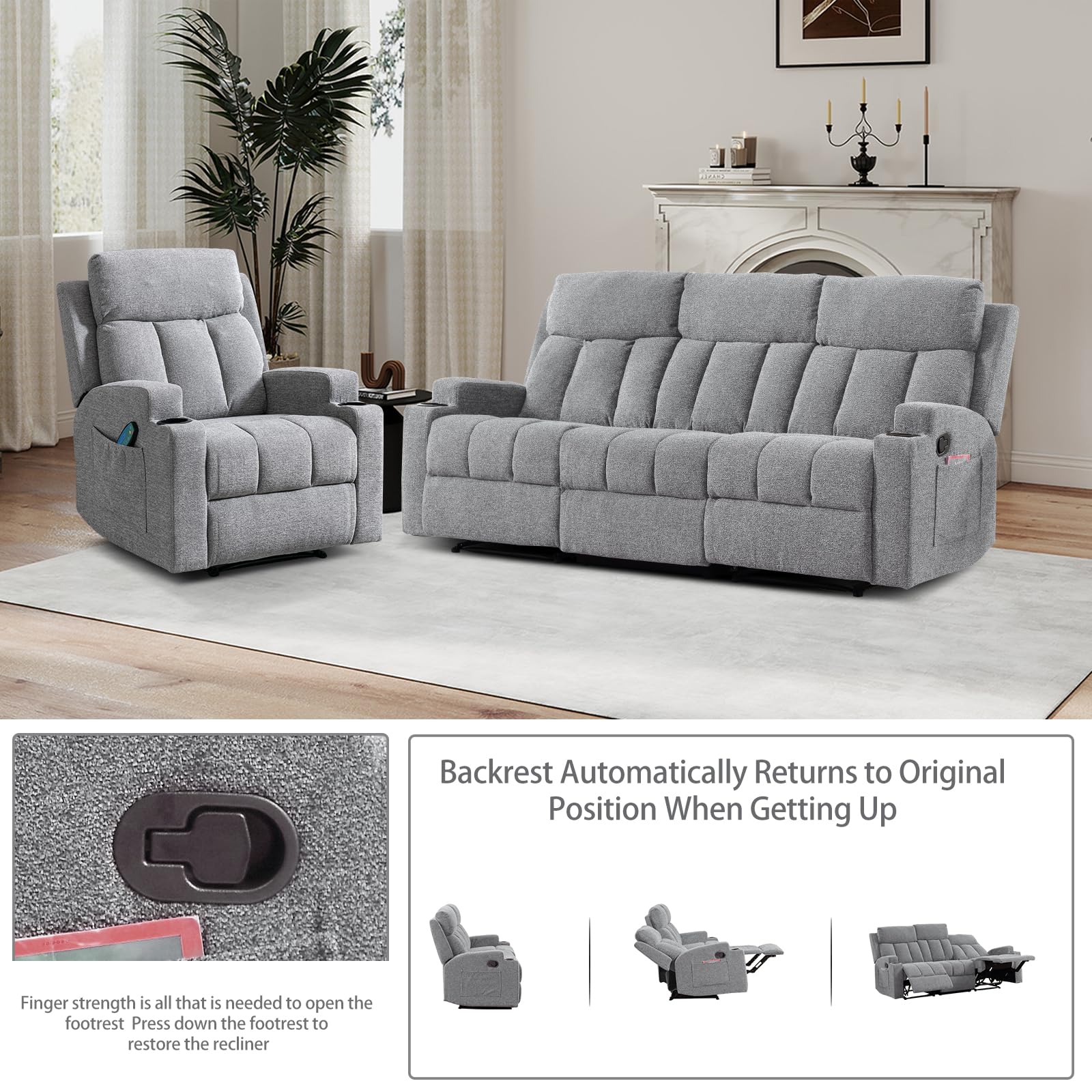 CANMOV Manual Recliner Sofa Set, Fabric Recliner Living Room Furniture Sets, 1 Seat Reclining Chair and a 3 Seate Sofa Furniture Set with Side Pockets and Cup Holders, Light Grey view 4