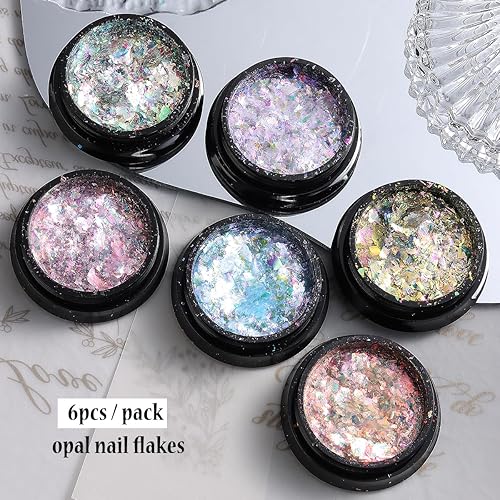 Miniatura 2 de Juego de purpurina iridiscente para uñas, 6 copos de polvo cromado, efecto Aurora para uñas, escamas de ópalo de fuego de cristal rosa, azul,