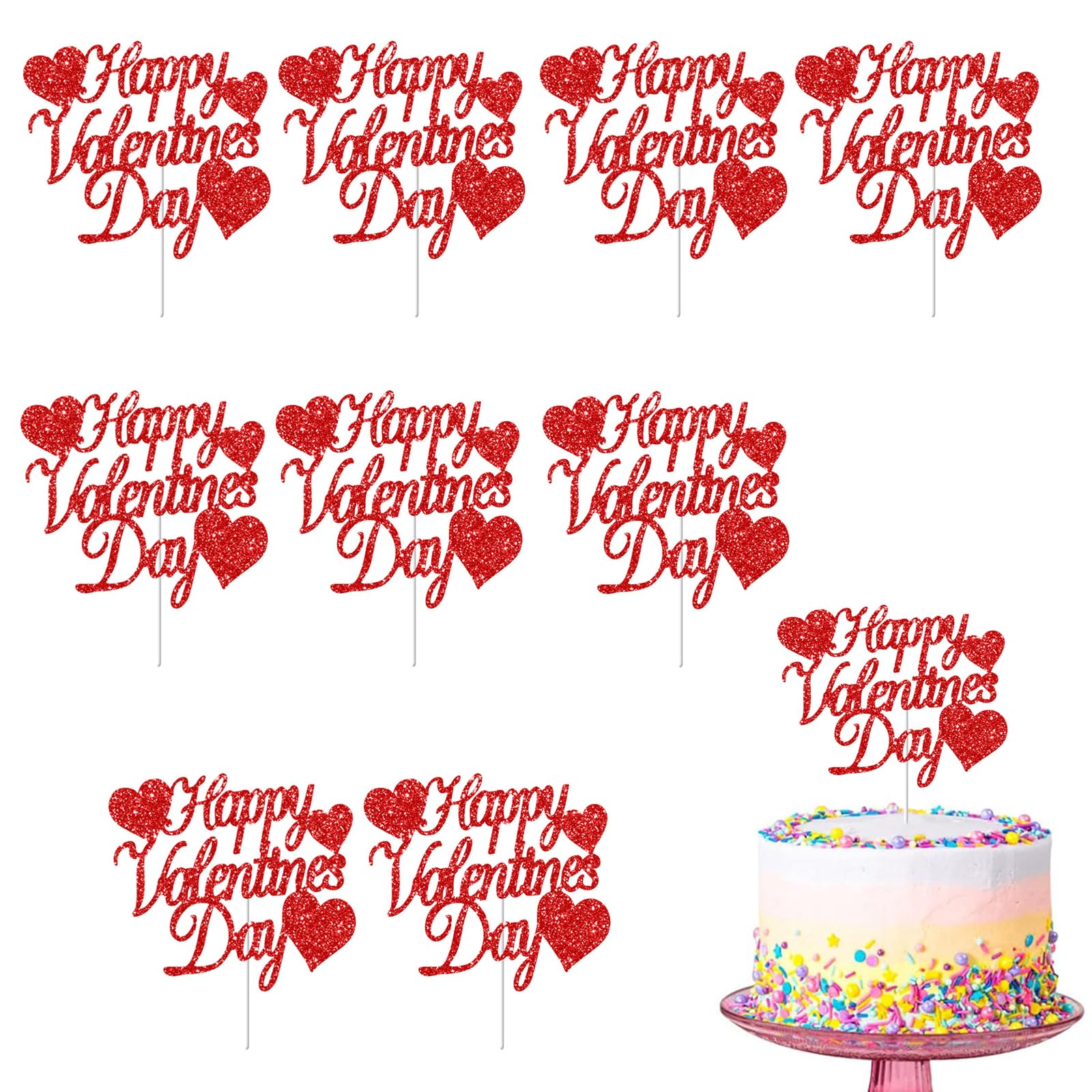 Happy Valentine's Day Cake Toppers 20Pcs Glitter Heart Cupcake Topper for Valentine Day Wedding Anniversary Birthday Party Cake Decoration, Red