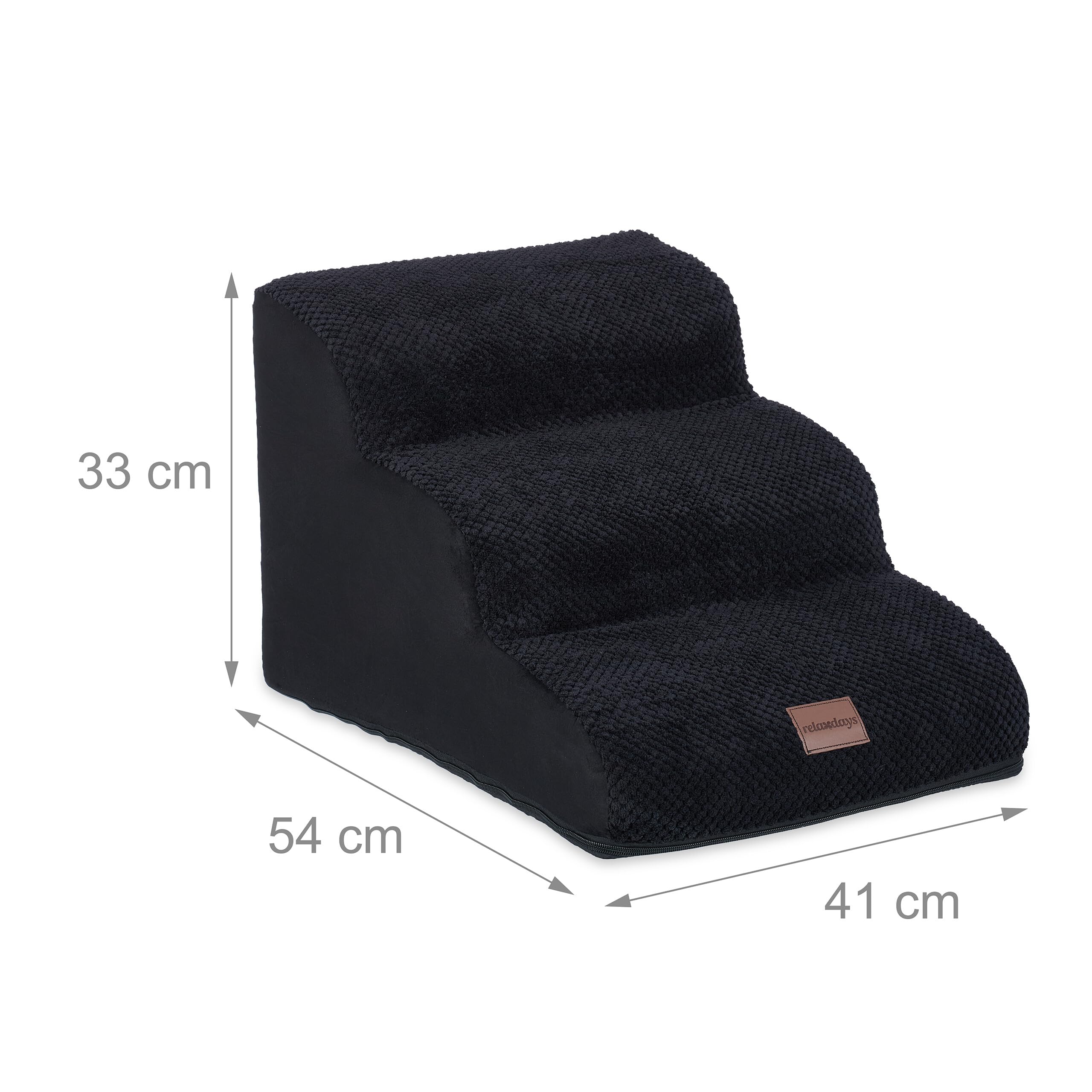 Relaxdays Schody dla psa 3 stopnie, dla psów i kotów, wys. x gł.: 33 x 41 x 54 cm, miękkie schody dla zwierząt domowych, łóżko i kanapa, czarne