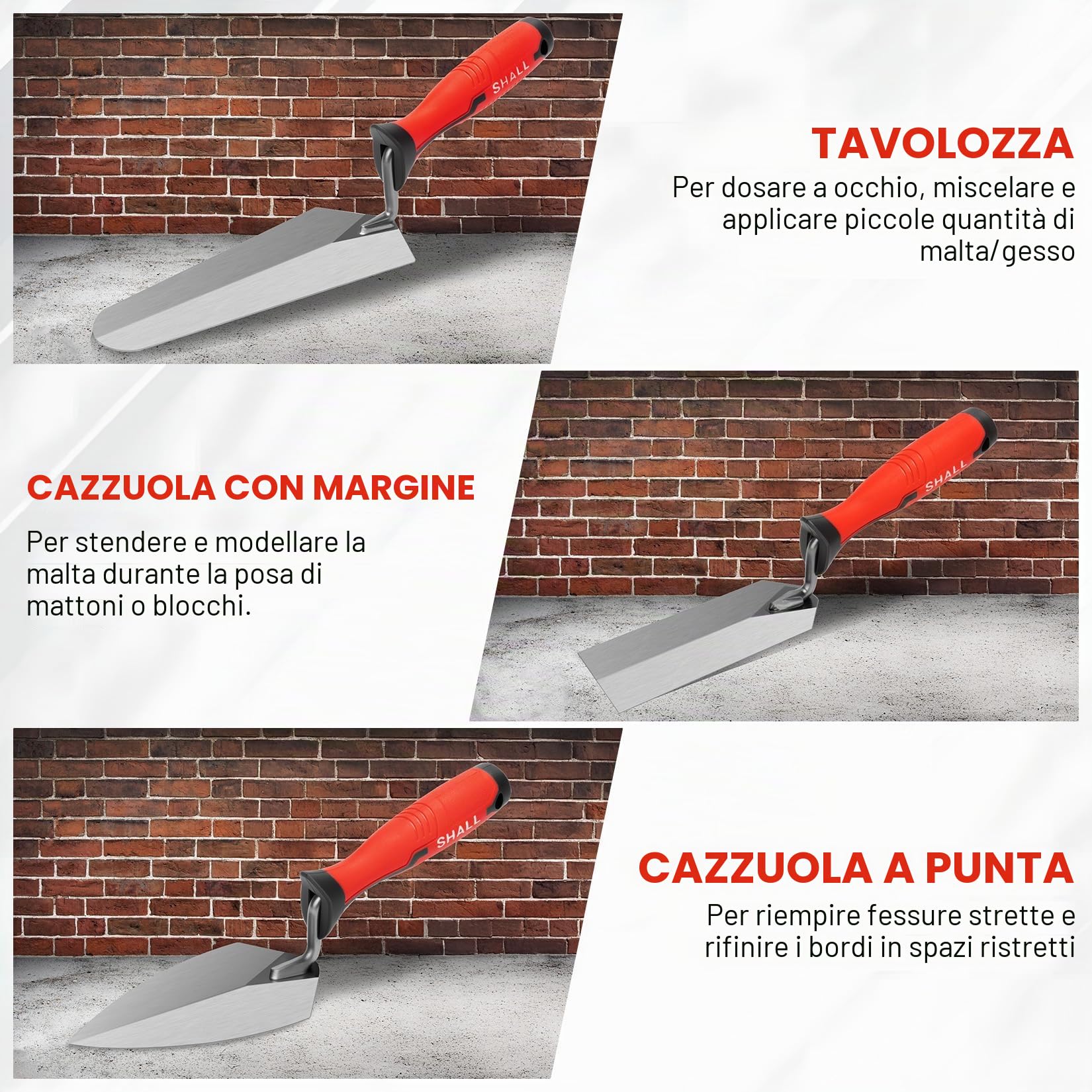 SHALL Set di 3 cazzuola di finitura con impugnatura morbida, cazzuola per fughe, cazzuola di misurazione, cazzuola per margini, utensili per muratori con impugnatura morbida