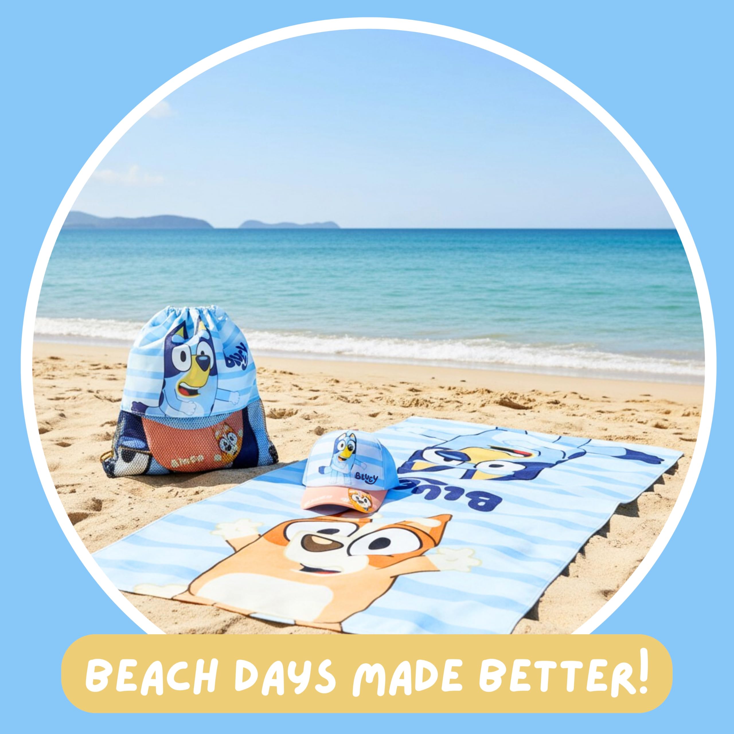 Bluey Gorra de Beisbol Toalla y Mochila Saco Cuerdas Cordón, Set 3 Piezas Infantil, Regalo de Verano Playa Piscina Excursiones para Niños y Niñas