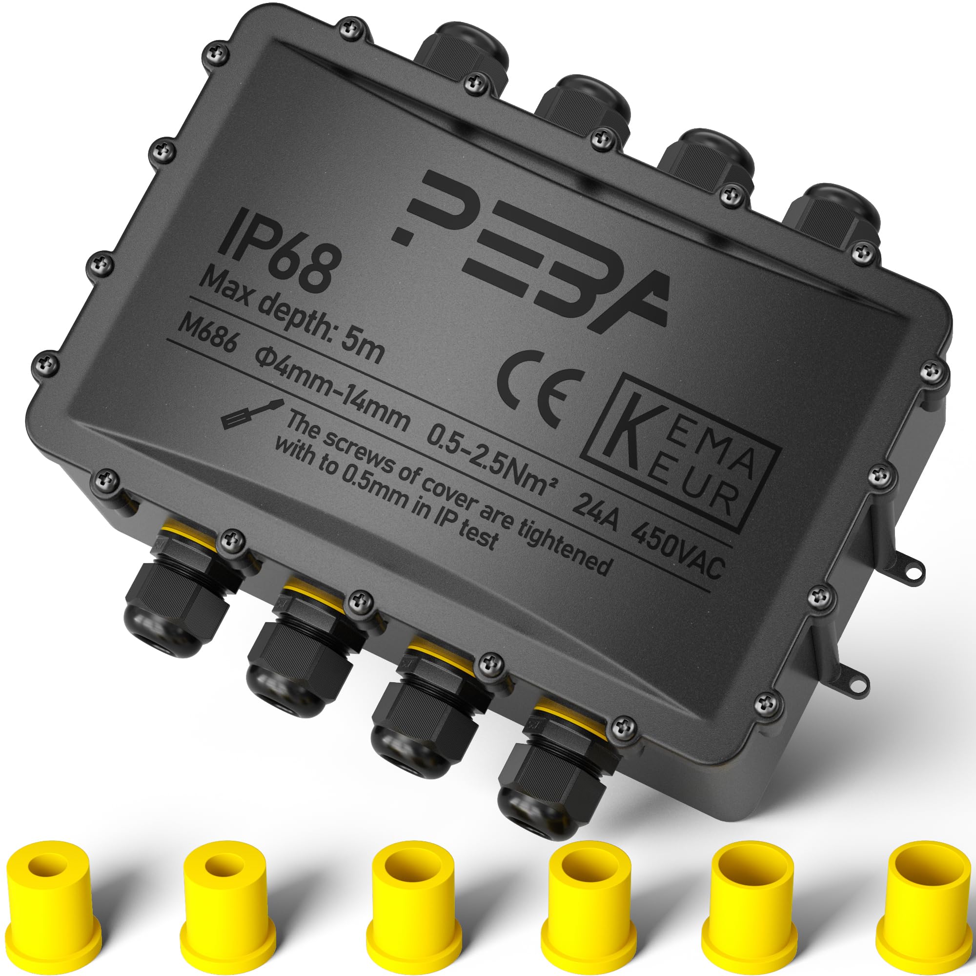 PEBA® Cajas de Conexiones Impermeables IP68, Conector de cable estanco,Caja de conexiones de conector de cable Exterior Extragrande de 8 vías, Apto para cables Ø4-14 mm Caja Conexiones Negro