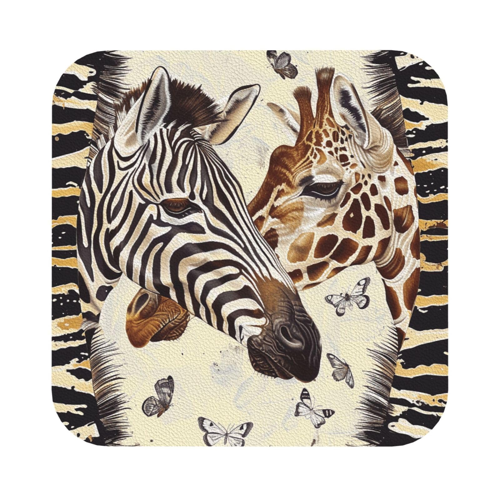 Zebra and Giraffe Print Leather Coaster Set of 6, Square Coasters Table Decorative Coffee Cup Beverage Coasters Wine Beer Bar Coasters for Hot Drinks Table Protection