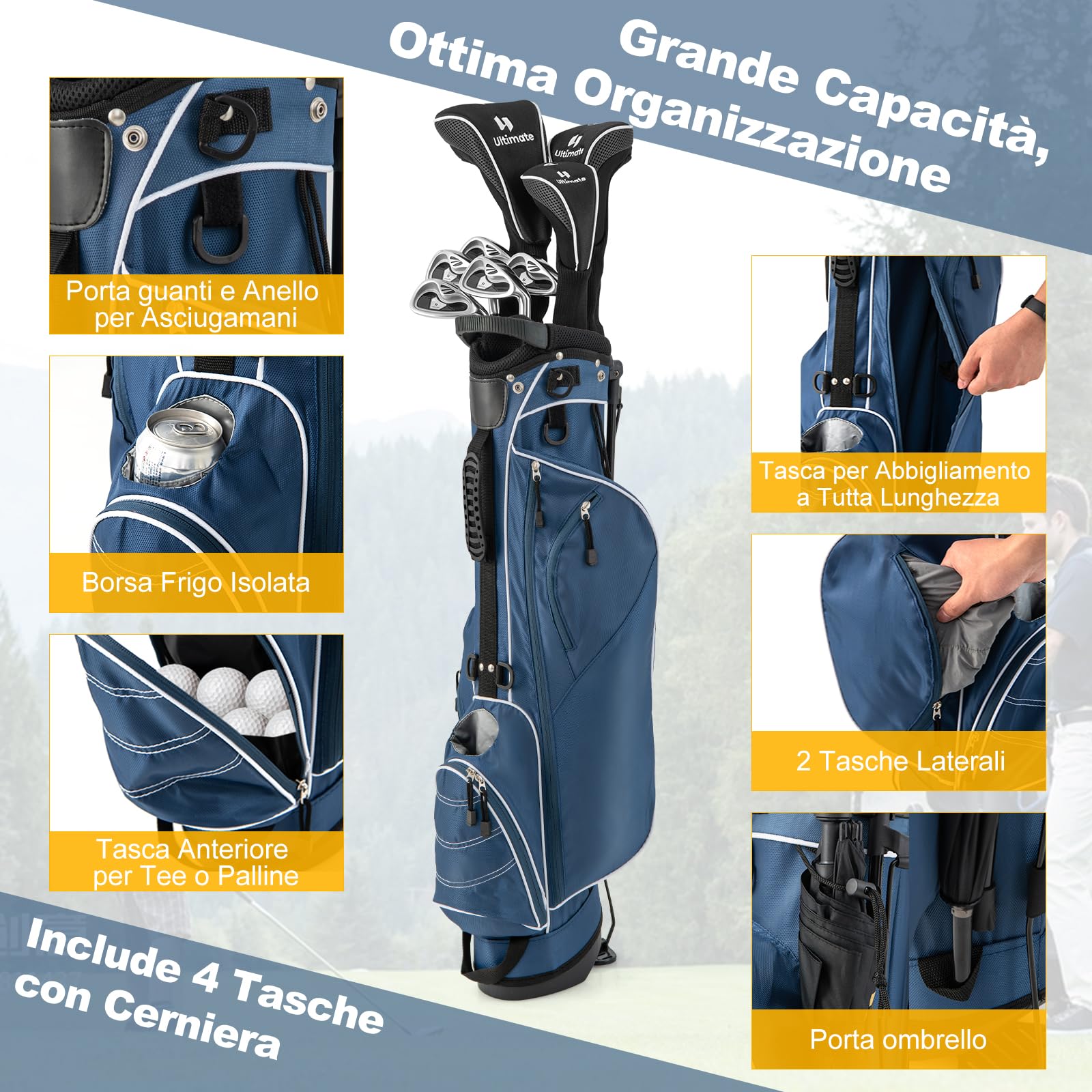 GYMAX Borsa da Golf, Sacca da Golf con Cavalletto, 20,5 x 14 x 125 cm
