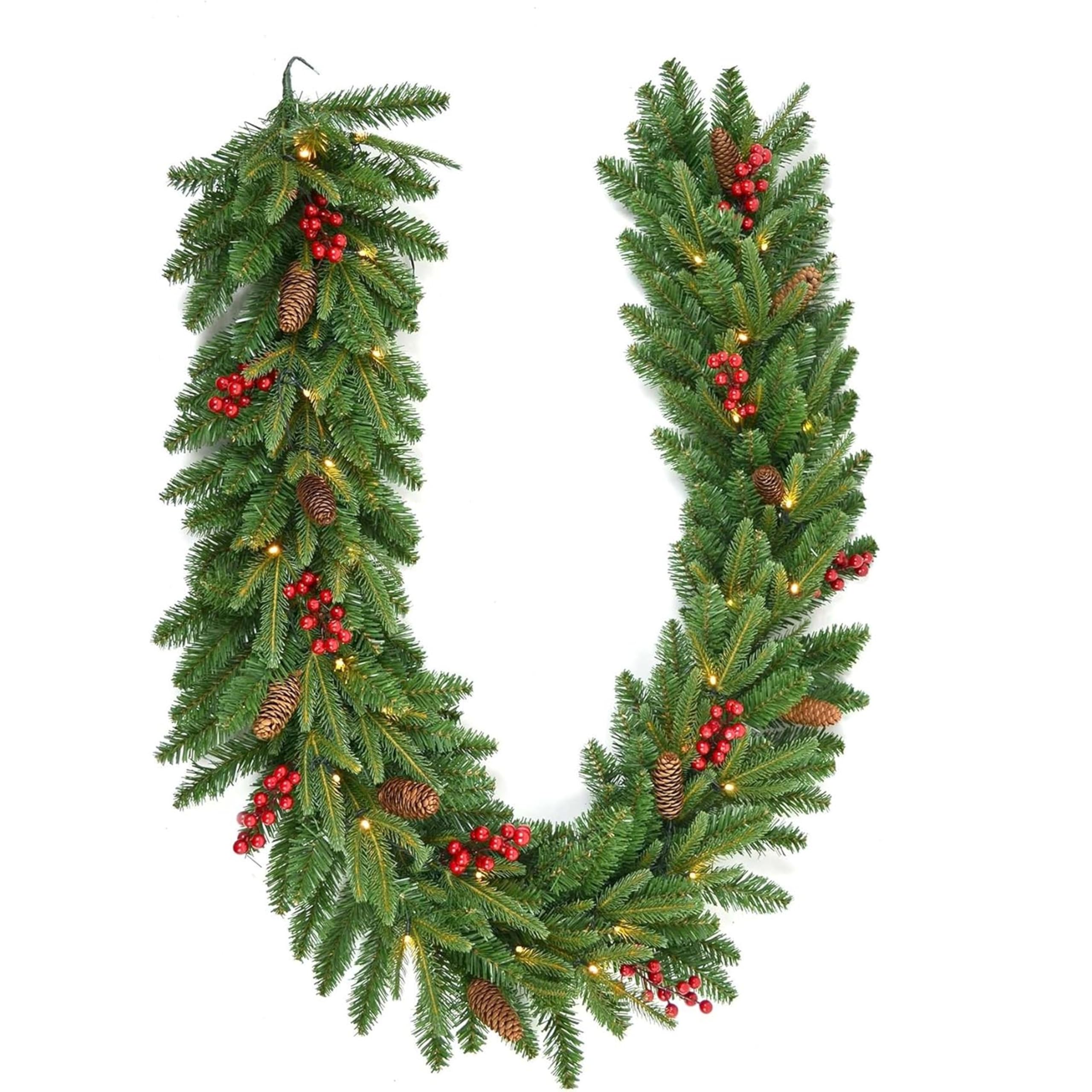 Christmas Garland with Lights, Pre-lit 2meter Battery Operated Pine Garland with 30 LED Lights, Red Berries, Artificial Christmas Decorations for Fireplaces Stairs Front Door Gate Porch Arch Mantle